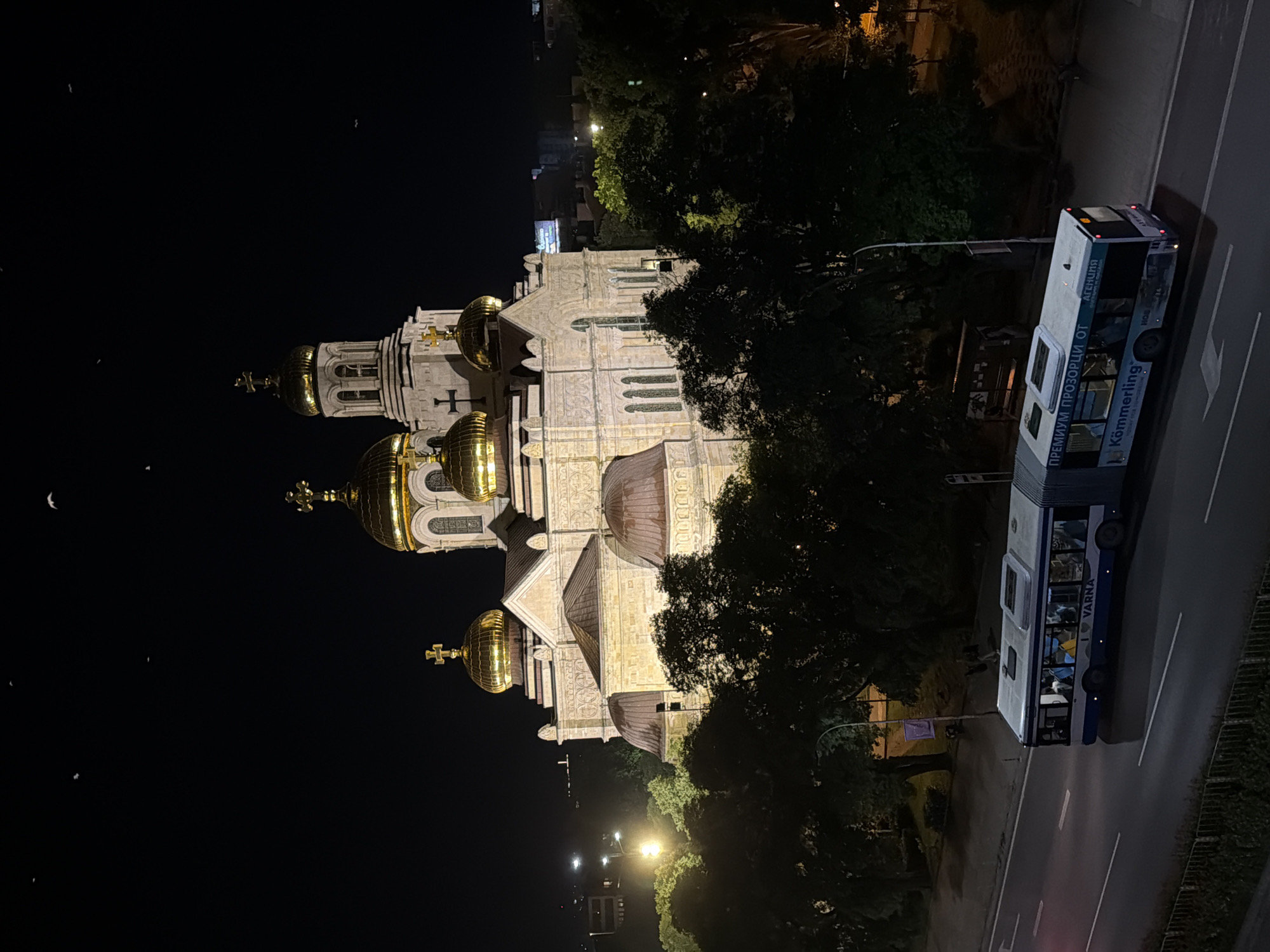 Varna's illuminated cathedral glows at night