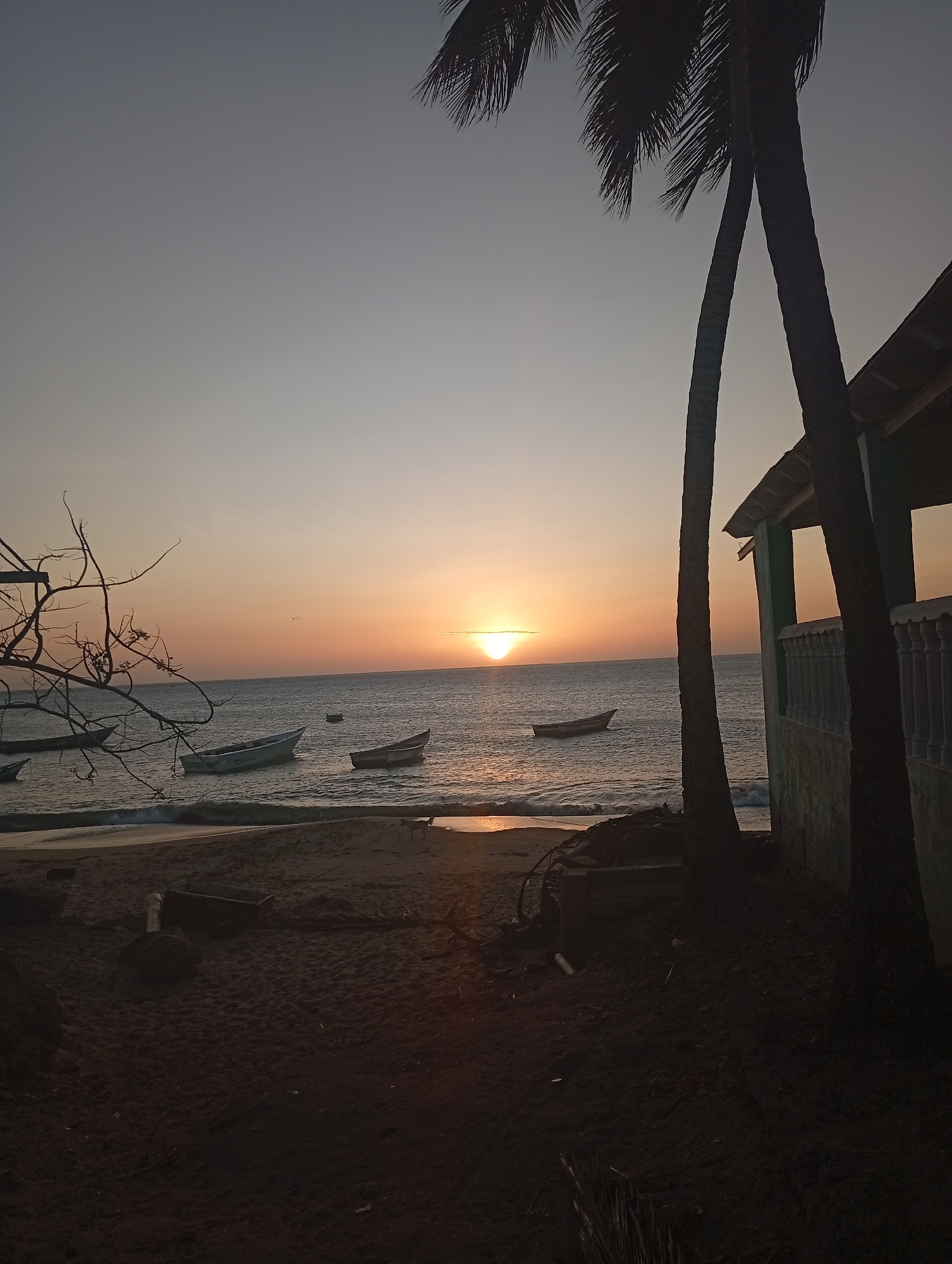 Sunset captured at Juan Griego beach with boats, palm trees