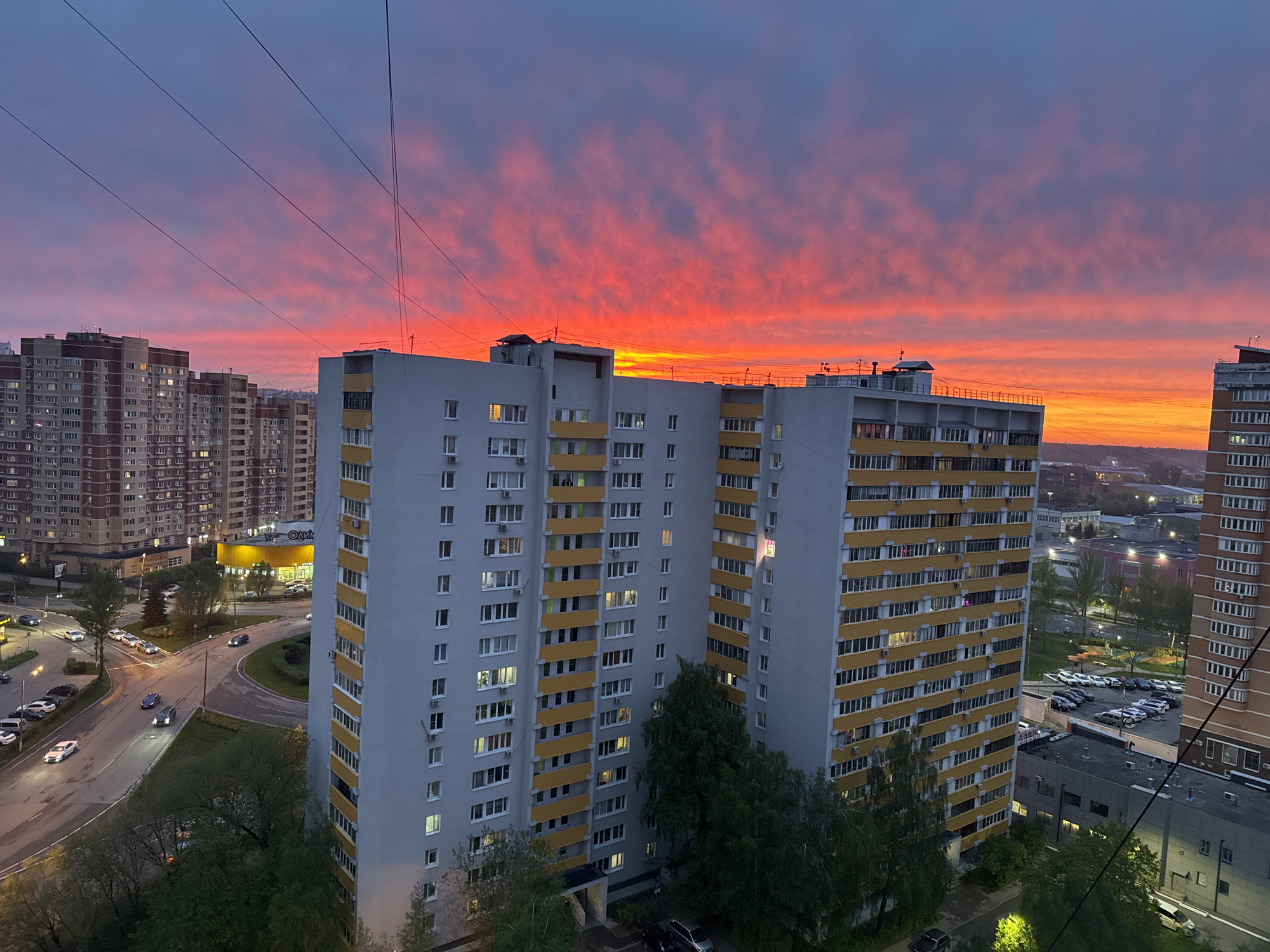 Dusk cityscape captured in Mytishchi, Russia residential district