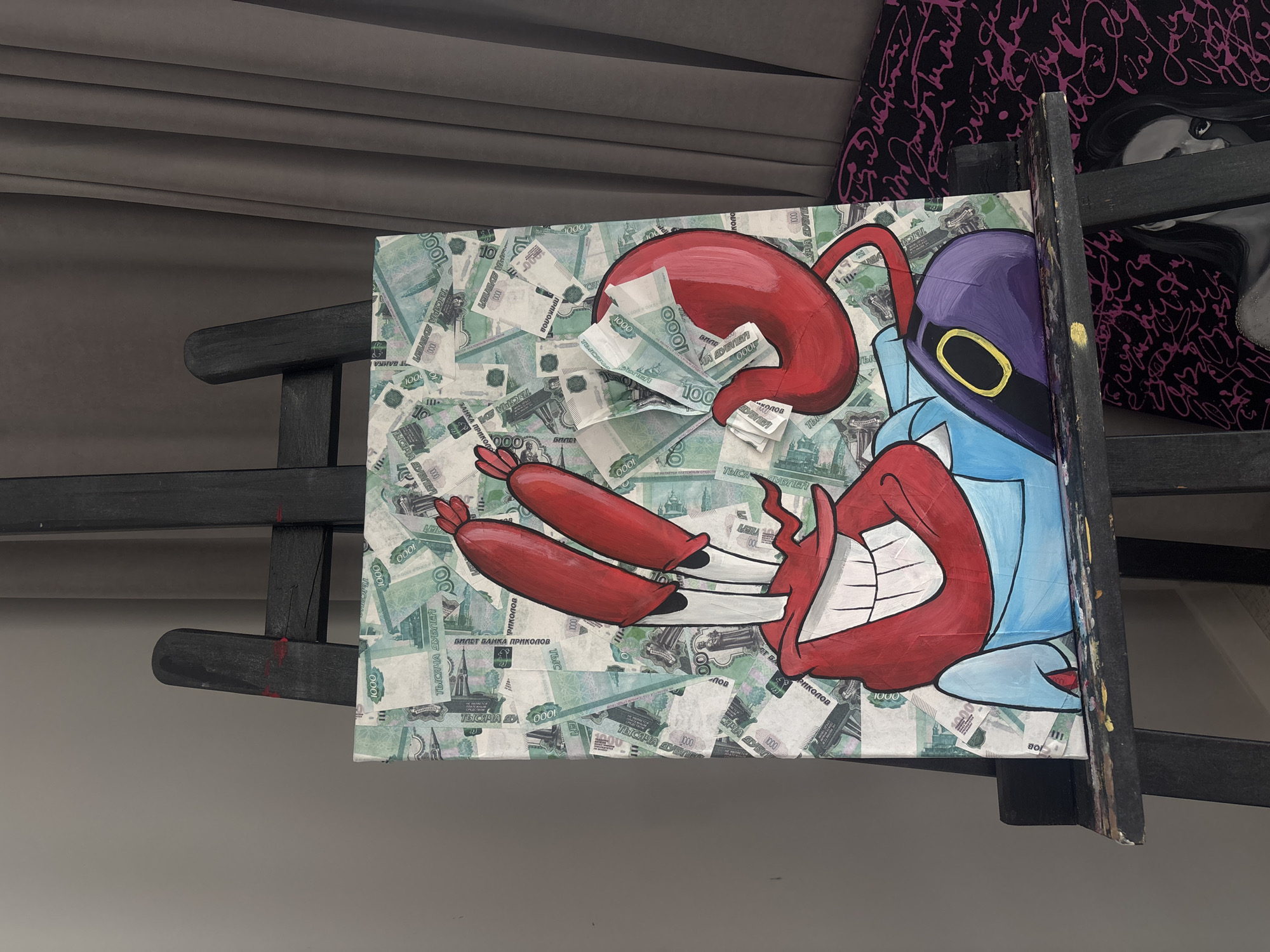 Mr. Krabs painting with Russian currency displayed in Krasnoyarsk