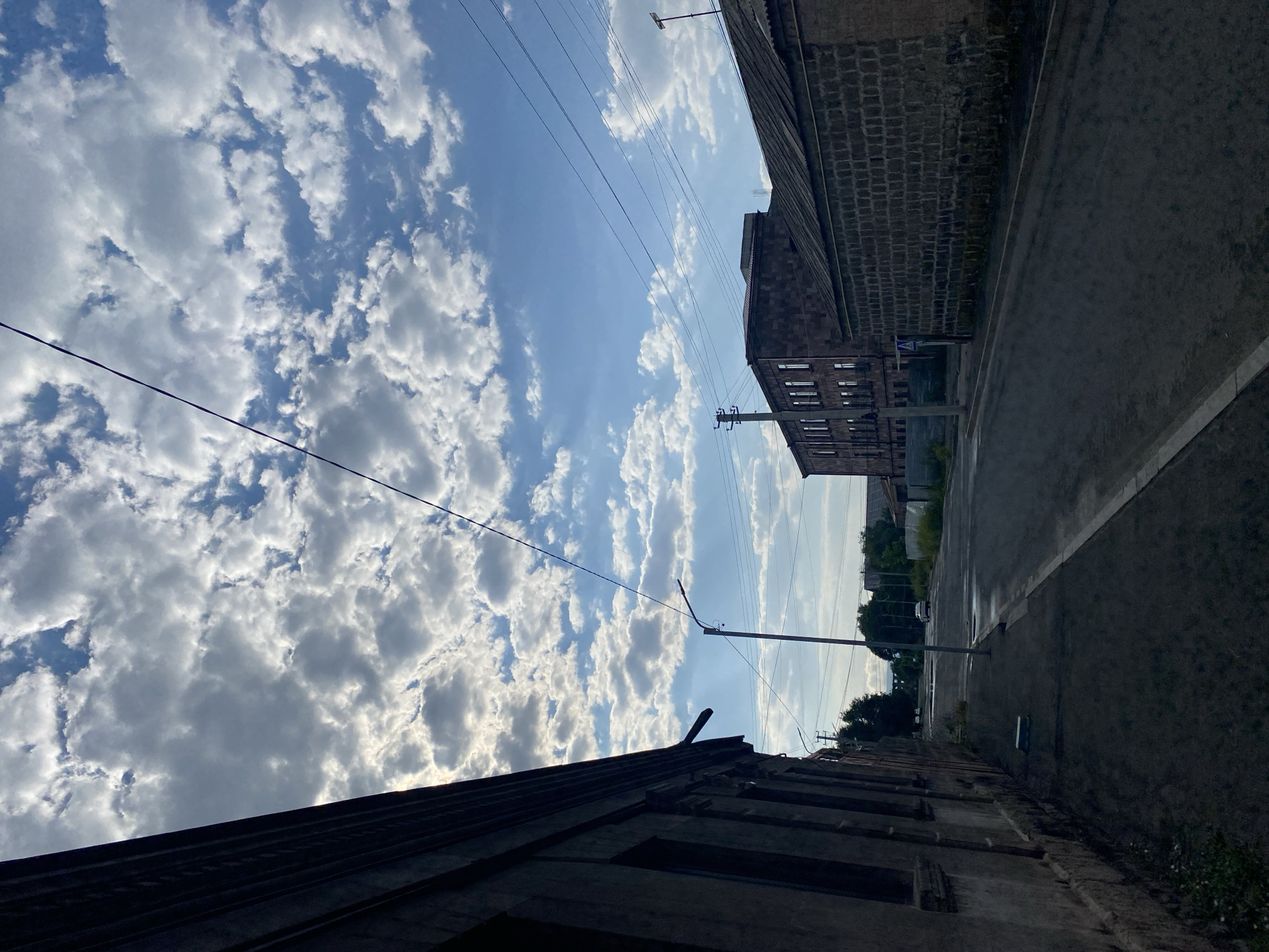 Street walk past Russian hotel, wildflowers, and cloudy skies