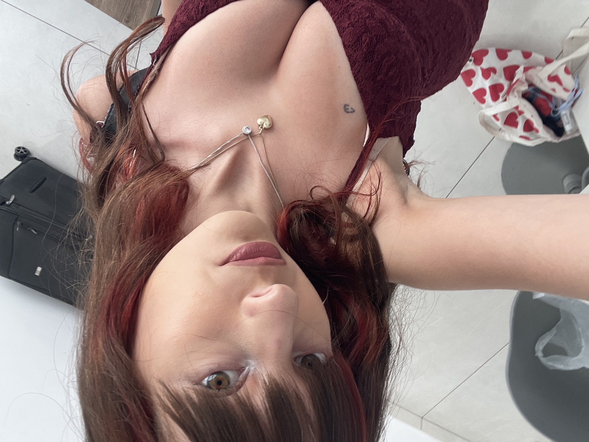 Getting ready in Paphos, selfies in a dark red lace dress