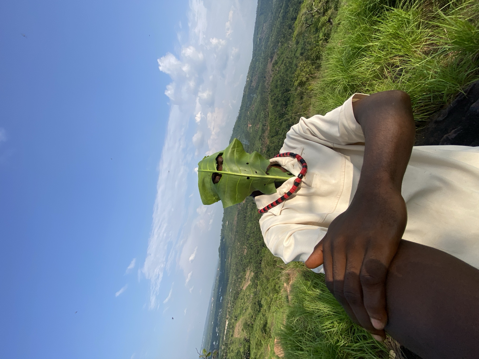 Person creates leaf mask art photos on Achara hilltop