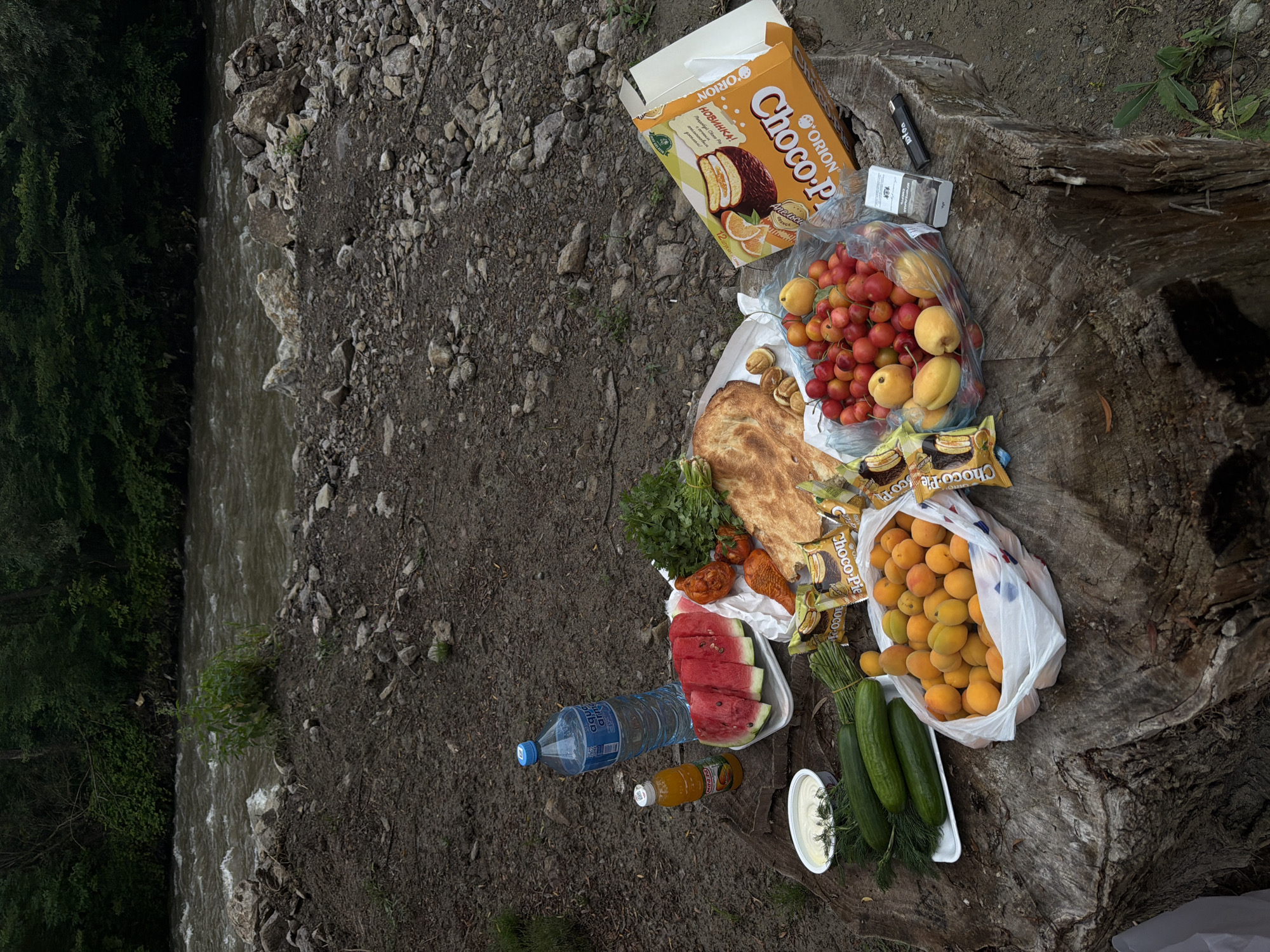 Riverside picnic spread on a tree stump in Vahagni, Armenia