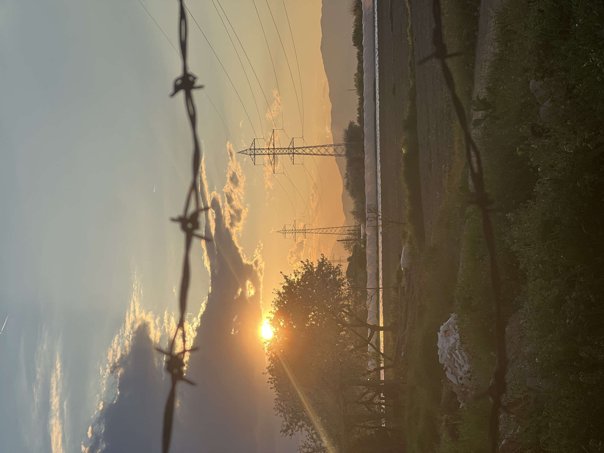 Rural Bulgaria sunset documented through gardens, fences, power lines