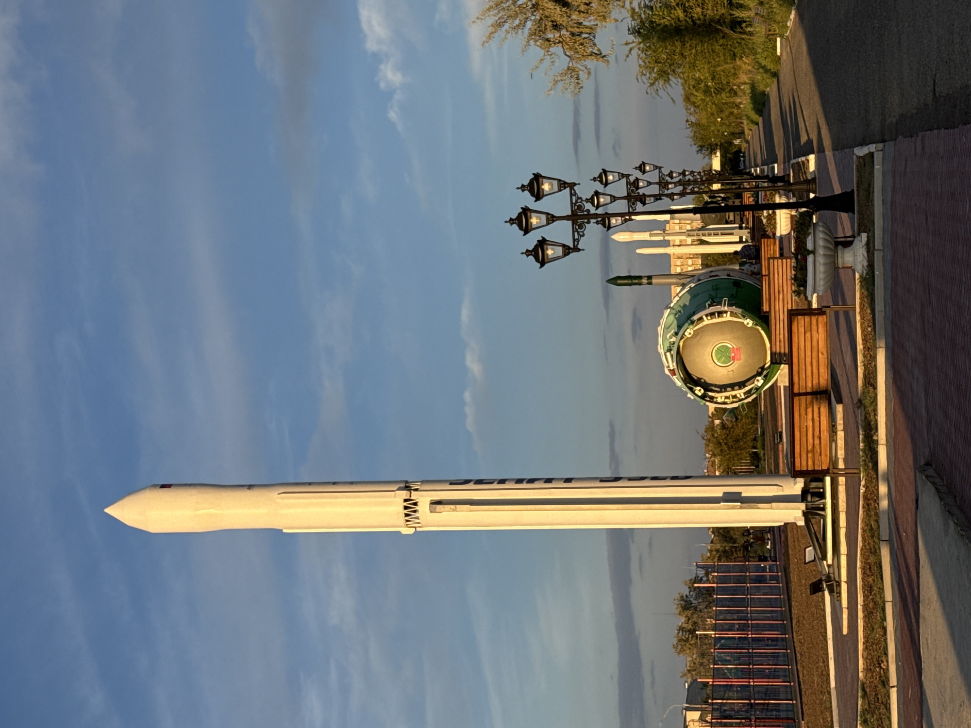 Baikonur's Promenade of Cosmonauts at sunset, rockets and space relics
