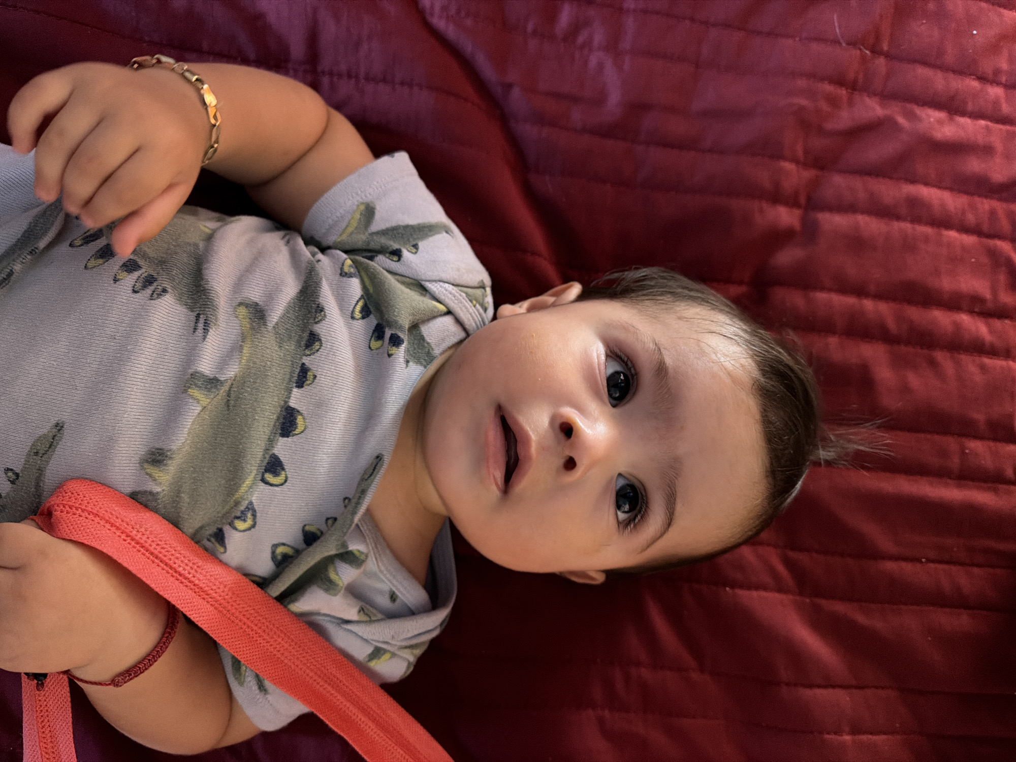 Baby in dinosaur onesie photographed during evening playtime in Reforma