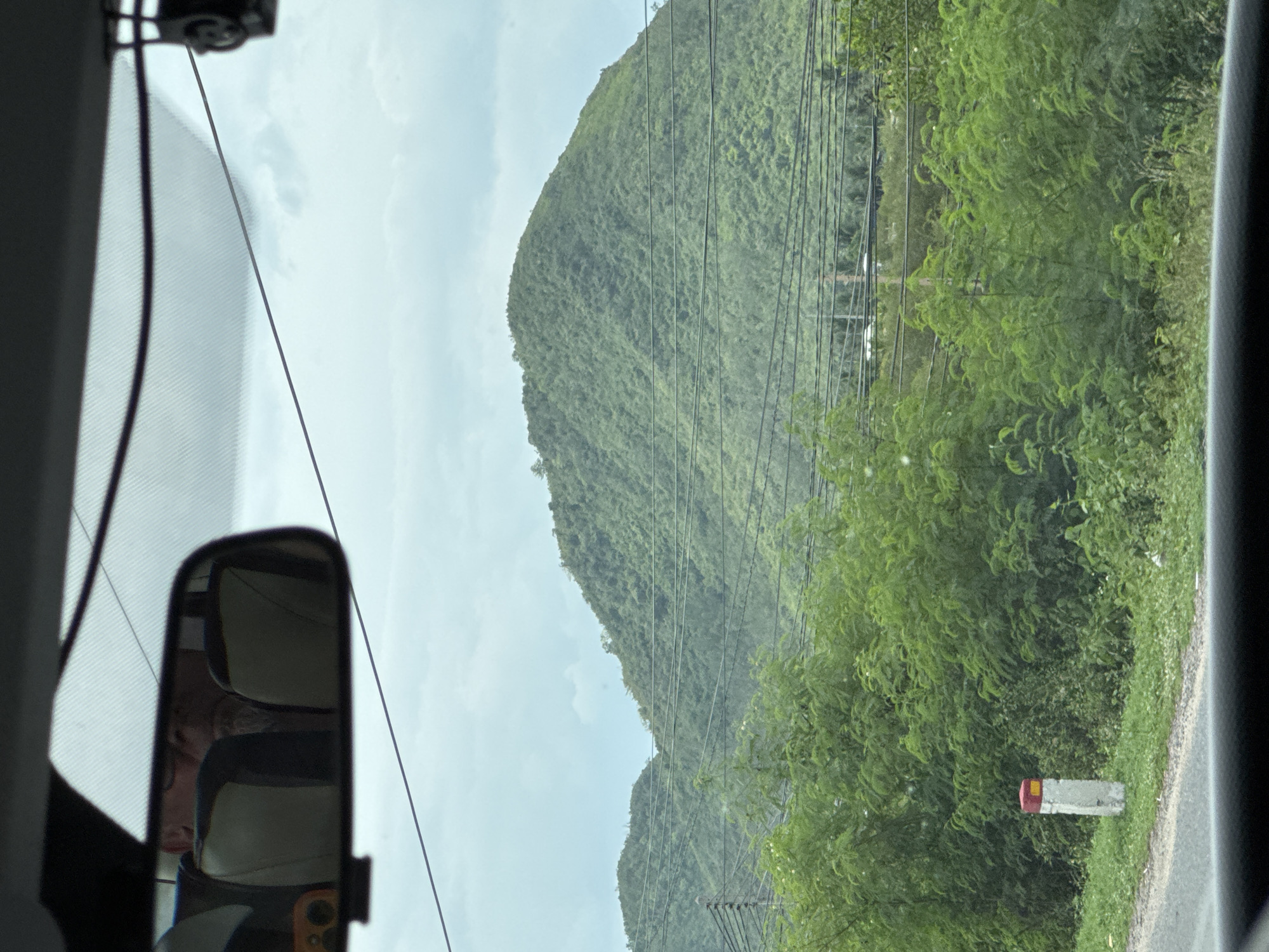 Rolling green hills and palm trees along a Ninh Ích roadside