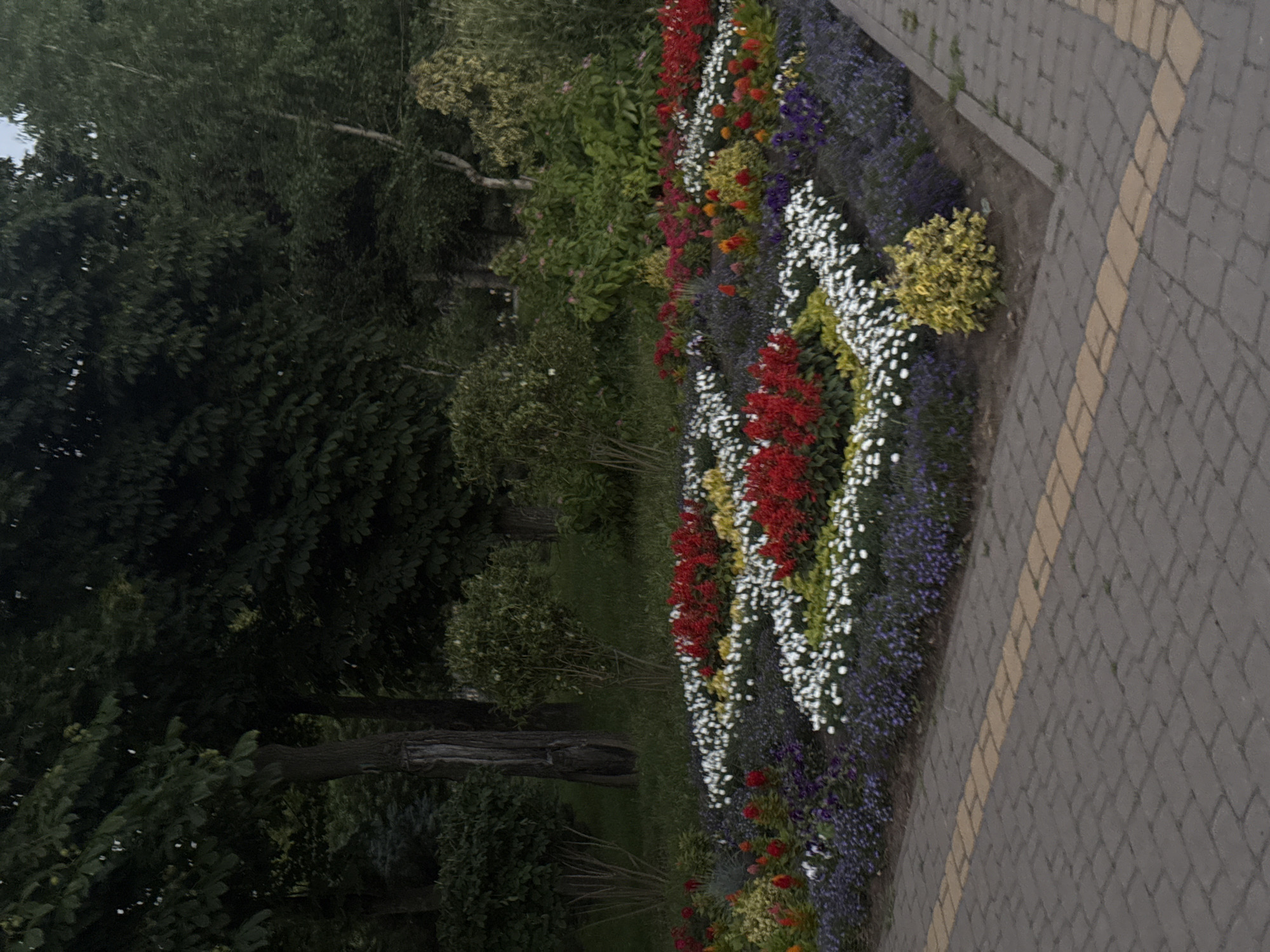 Dusk walk through a manicured park with flowers and paved paths