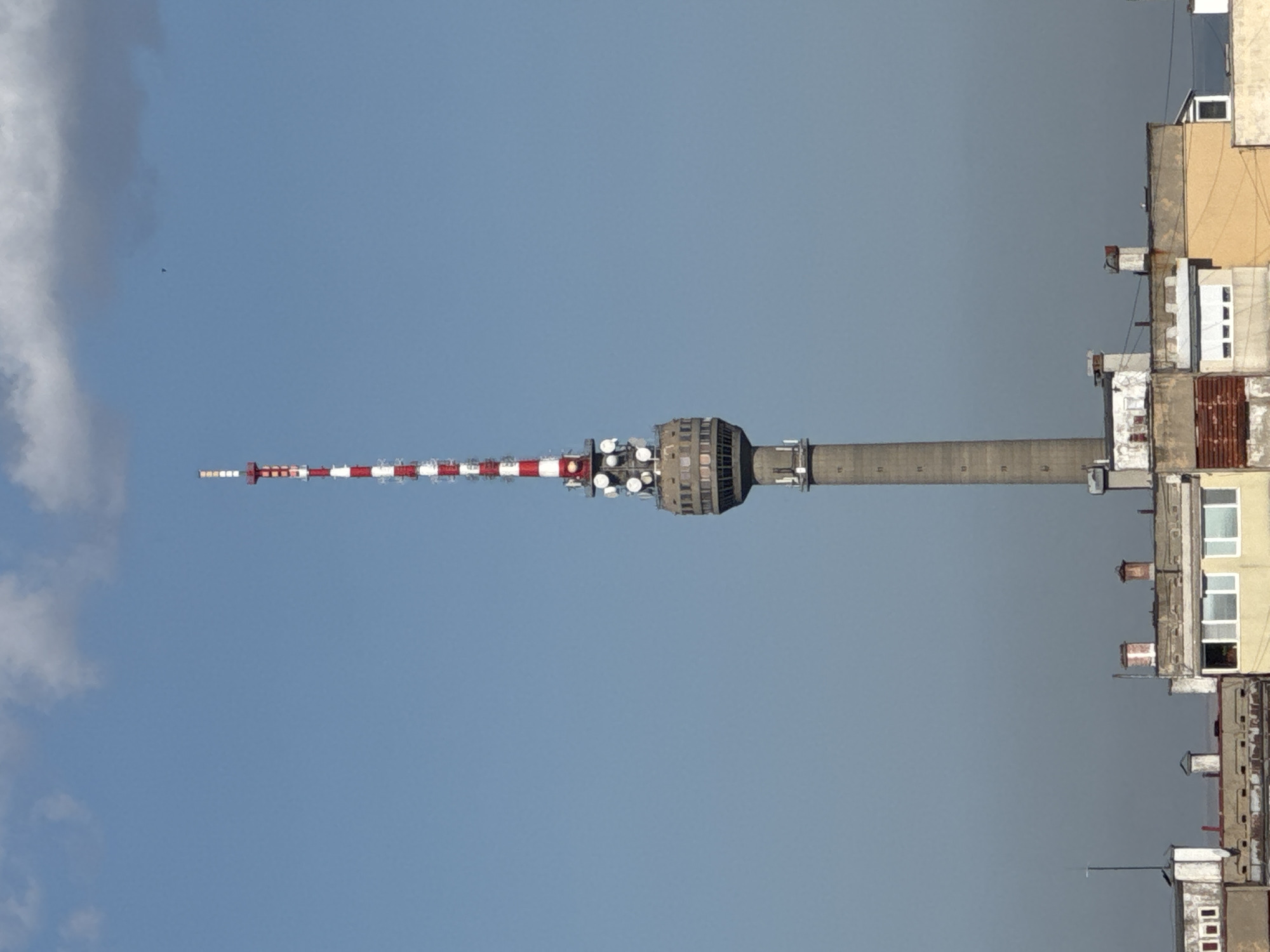 Striped TV and radio tower stands tall in Ruse, Bulgaria