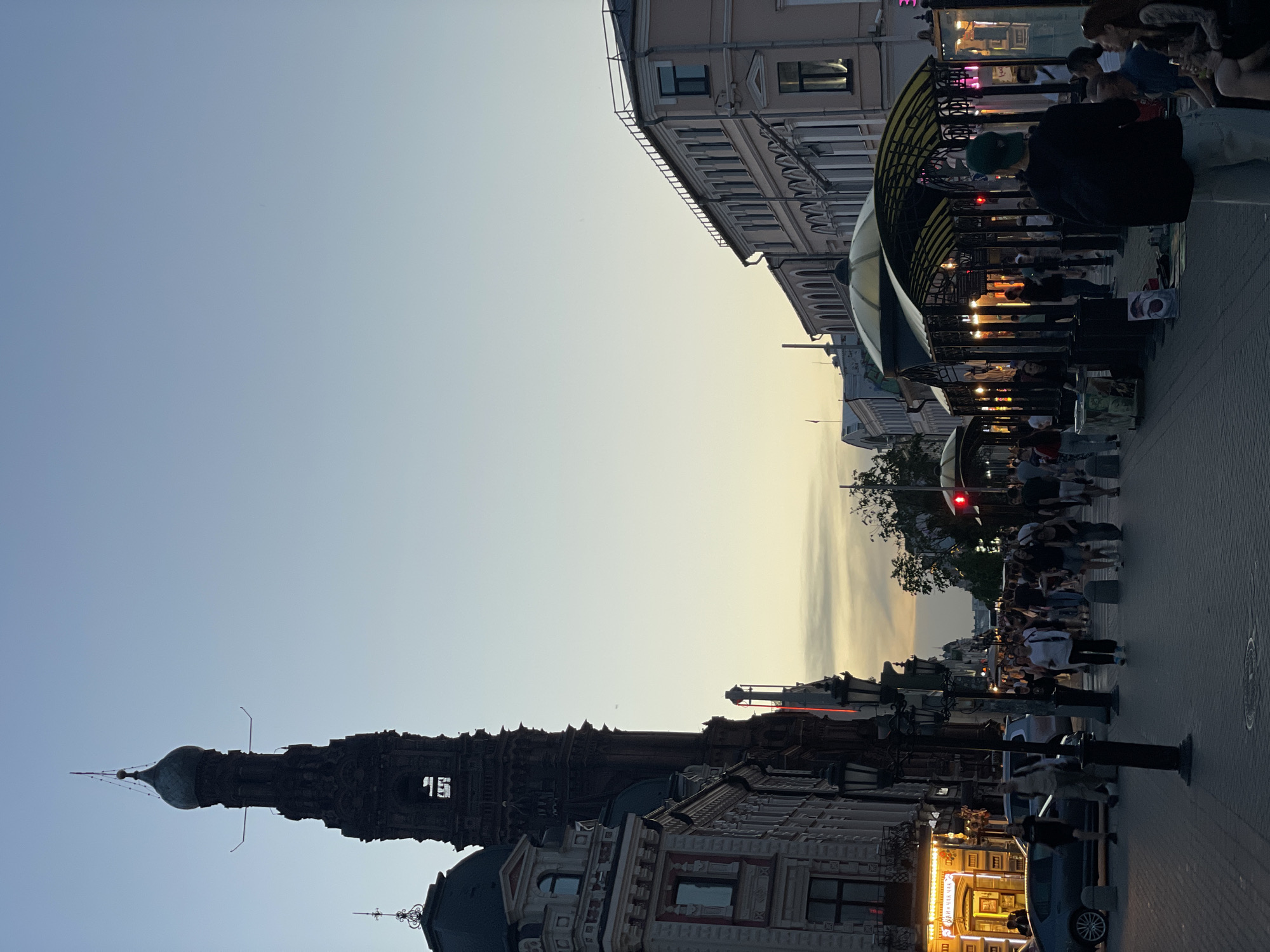 Evening crowds gather near Soyembika Tower in Kazan