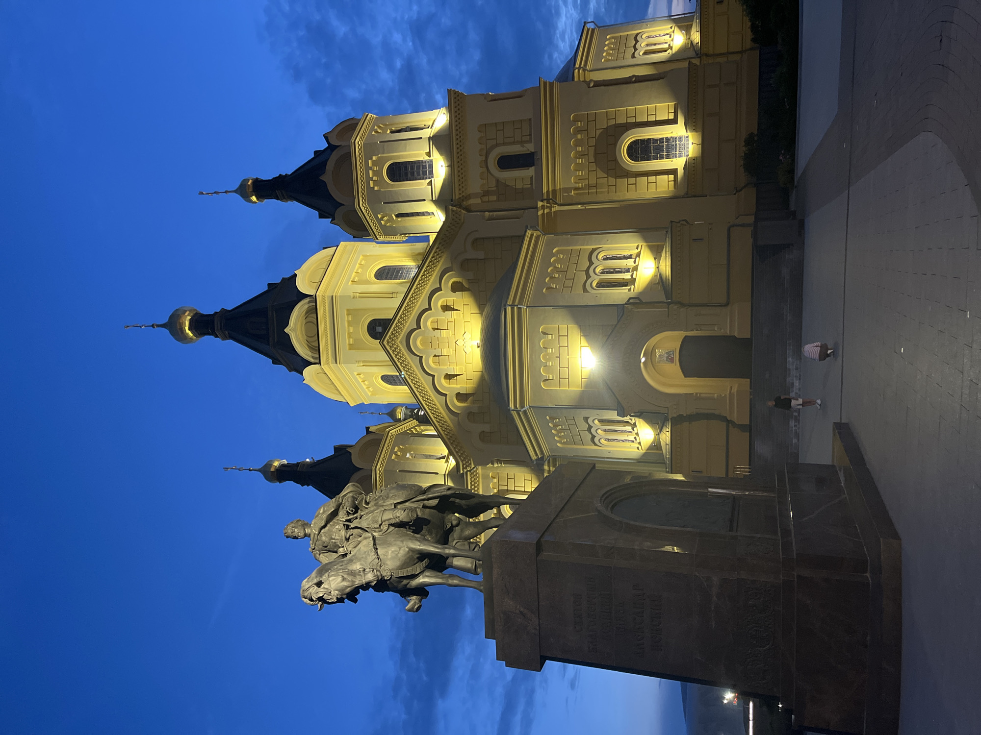 Alexander Nevsky Cathedral lit up at dusk in Nizhny Novgorod
