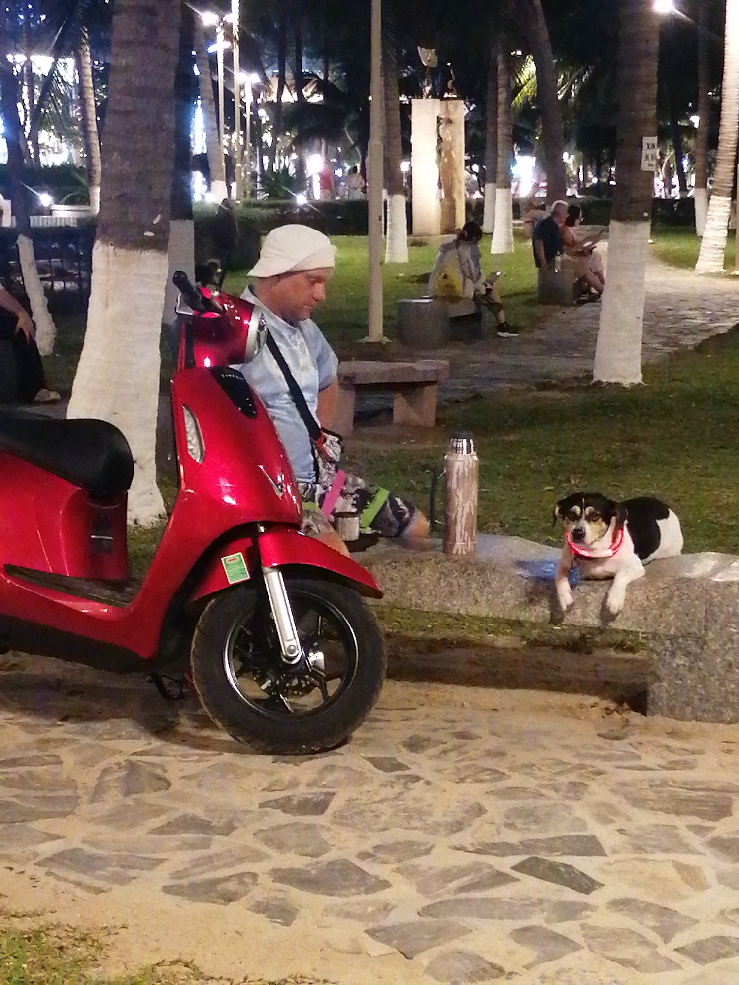 Man rests with red scooter in Nha Trang park