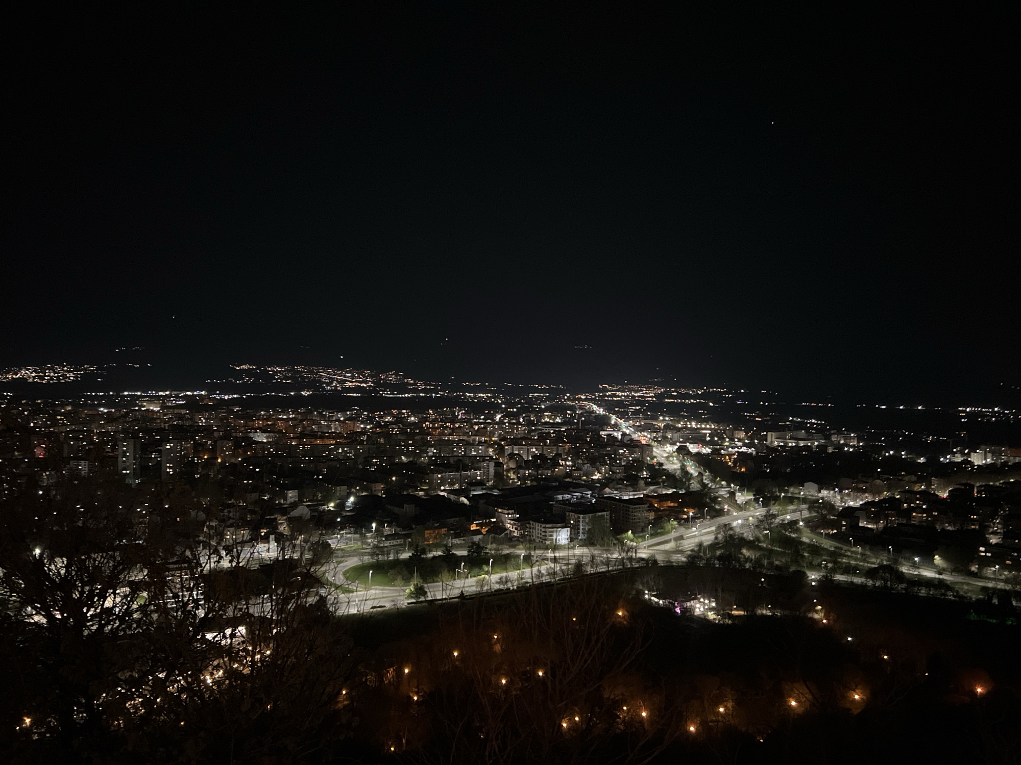 Aerial night view captured of illuminated Plovdiv, Bulgaria
