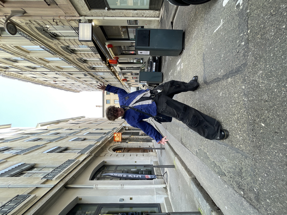 Young man explores Lyon shops, cafes, arcades during morning tour