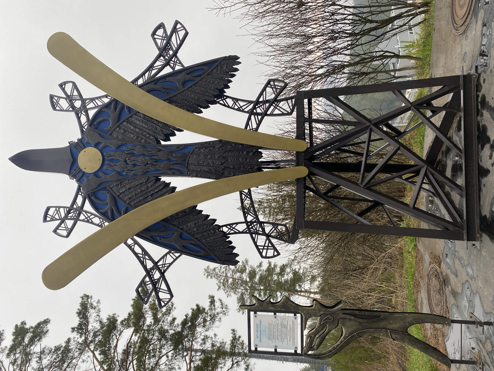 Metal bird sculpture spotted in Прикамский, Russia
