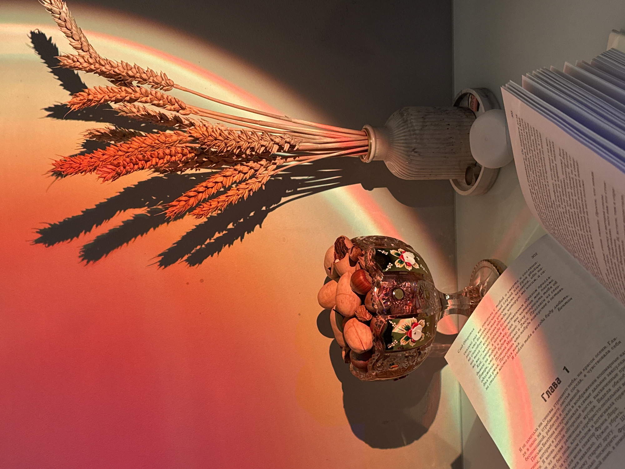 Indoor still life photography session with wheat, books, rainbow lighting
