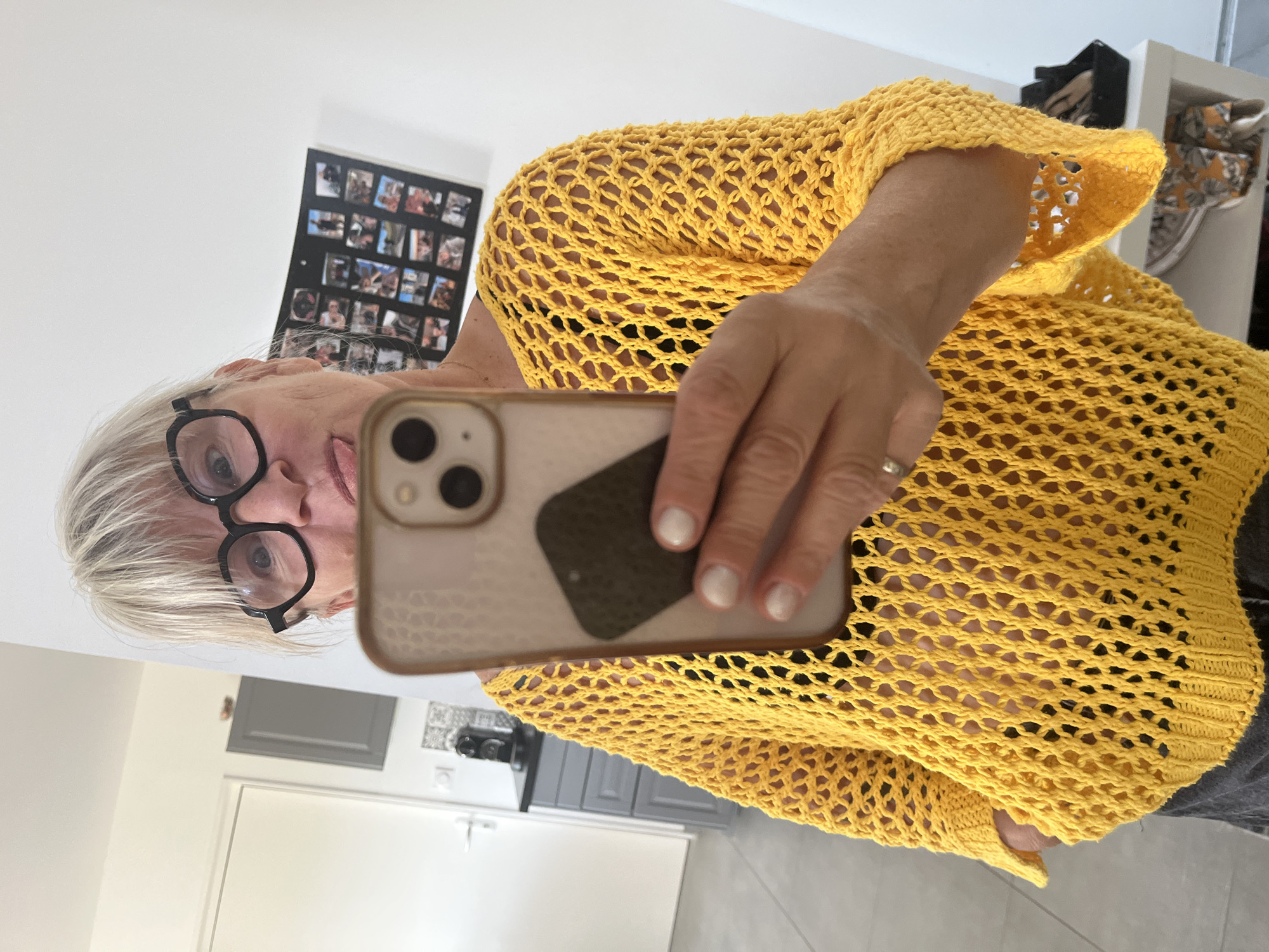 At-home selfie session in a yellow knit sweater, Chambœuf