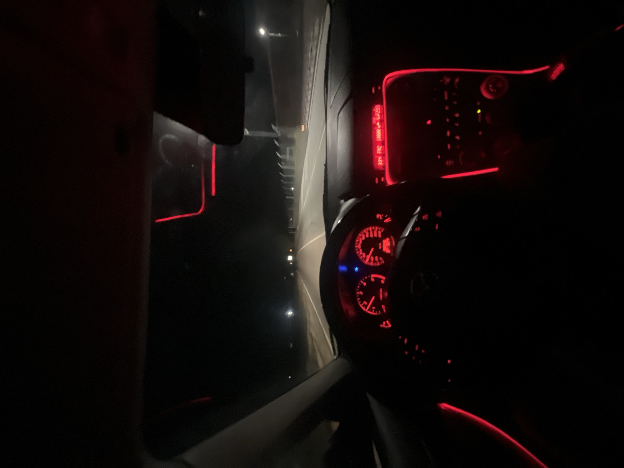 Night drive through Dabnitsa with red dashboard lighting