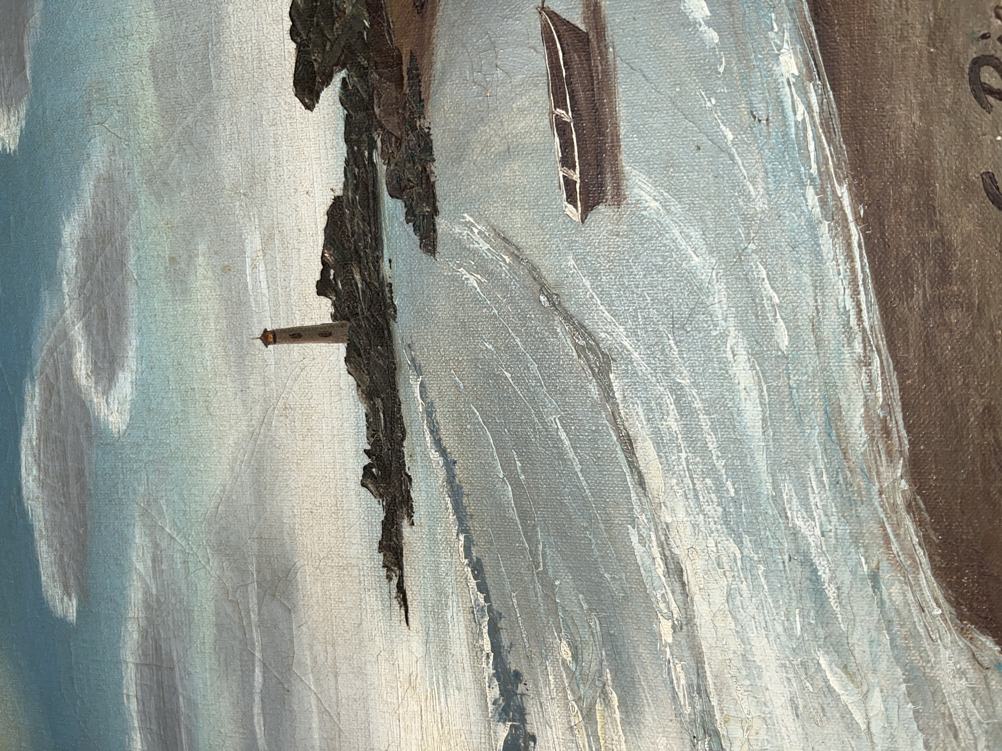 Cat plays on tiles near coastal paintings in Tinaquillo