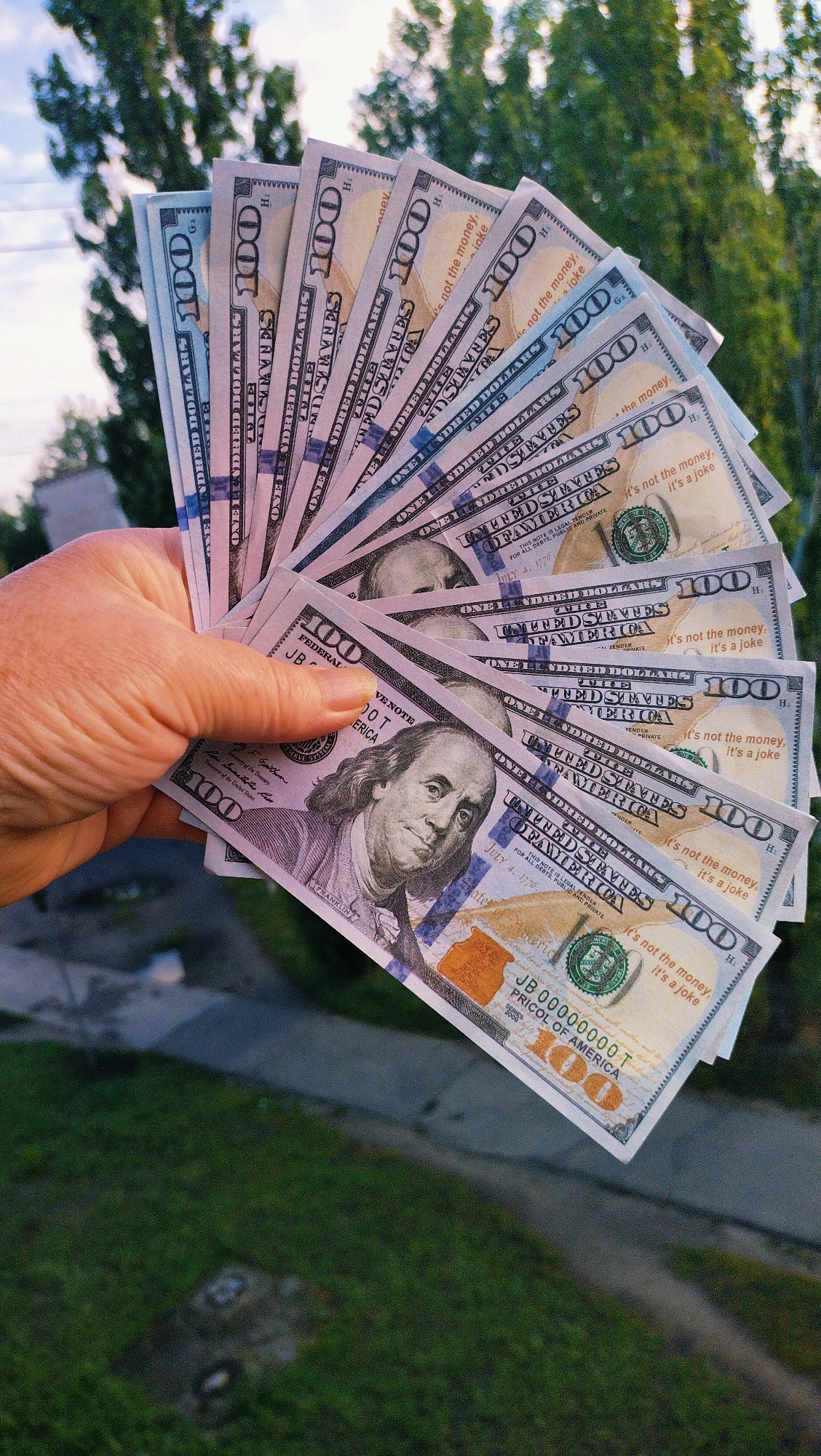 Cash and a Ganesha statue displayed outdoors in central Ukraine