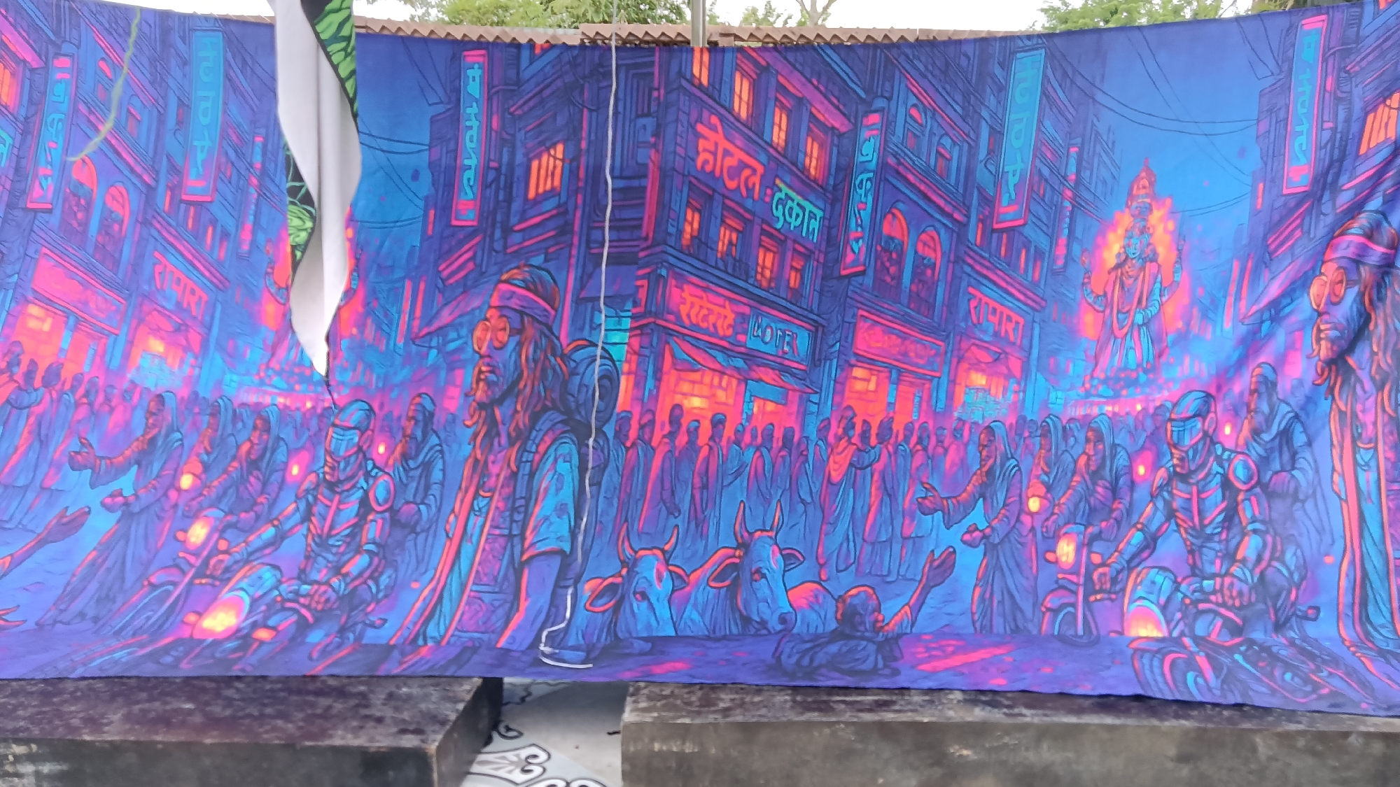 Nha Trang café with jellyfish lights, mushroom sculptures, and neon art