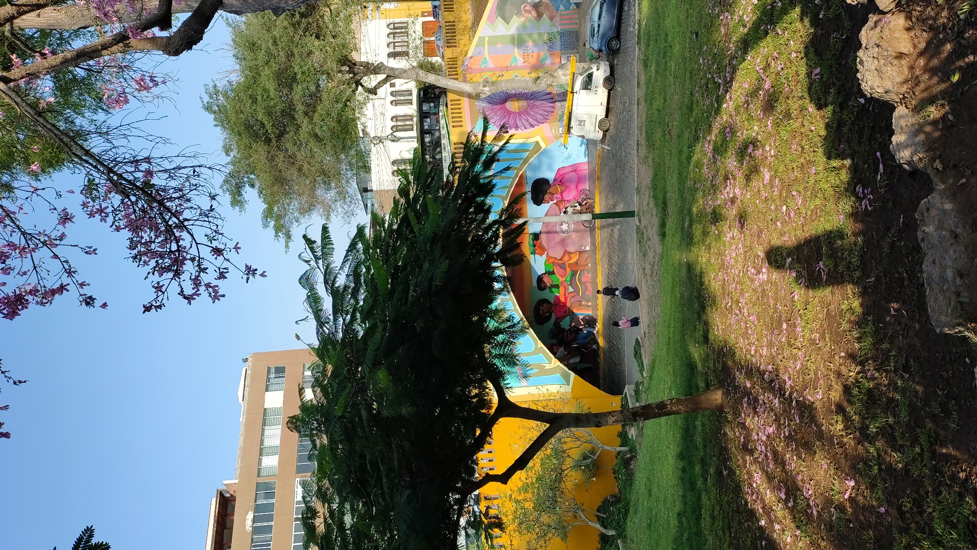 Colorful street mural observed amid blooming trees in Barranco, Peru