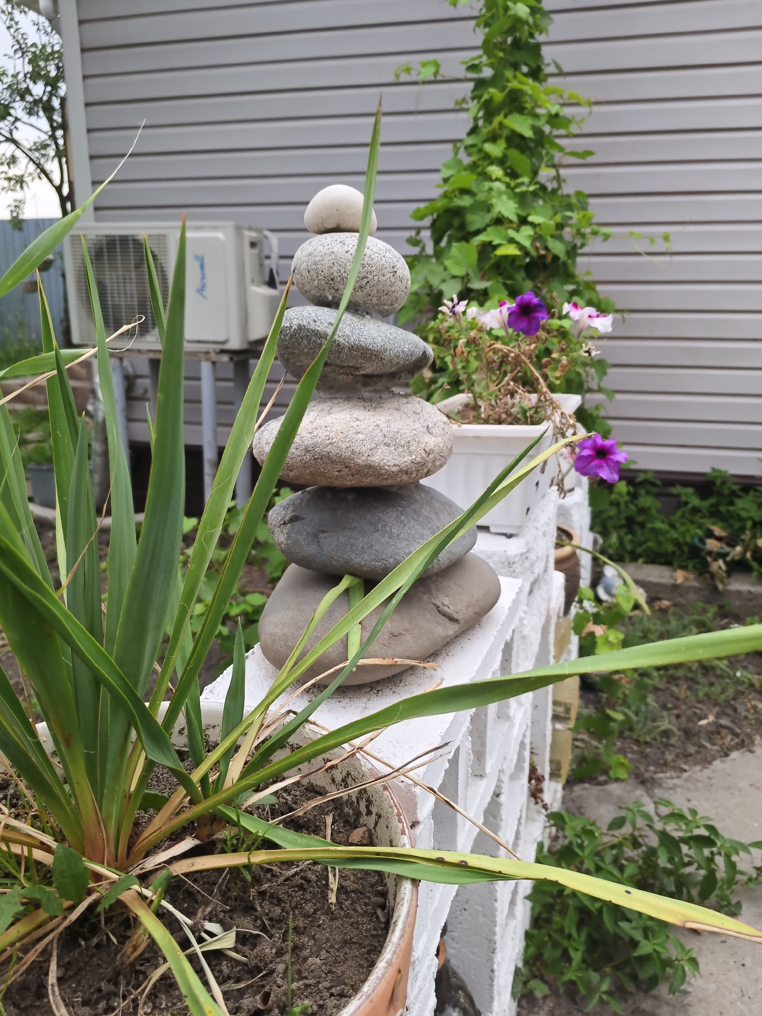 Quirky Rostov garden mixes cairns, shells, and blooming potted plants