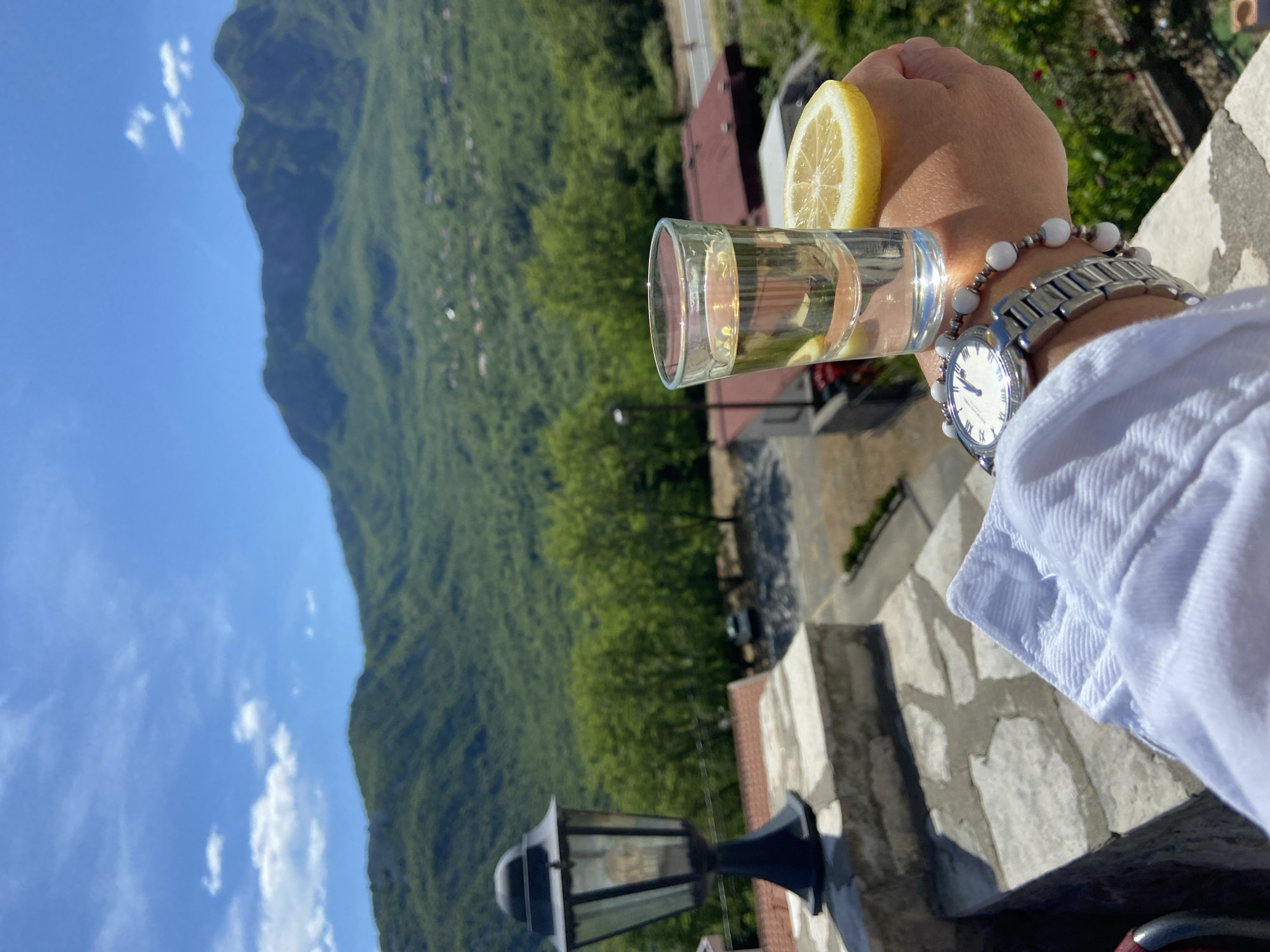 Shot glass toast captured against Montenegro mountain landscape