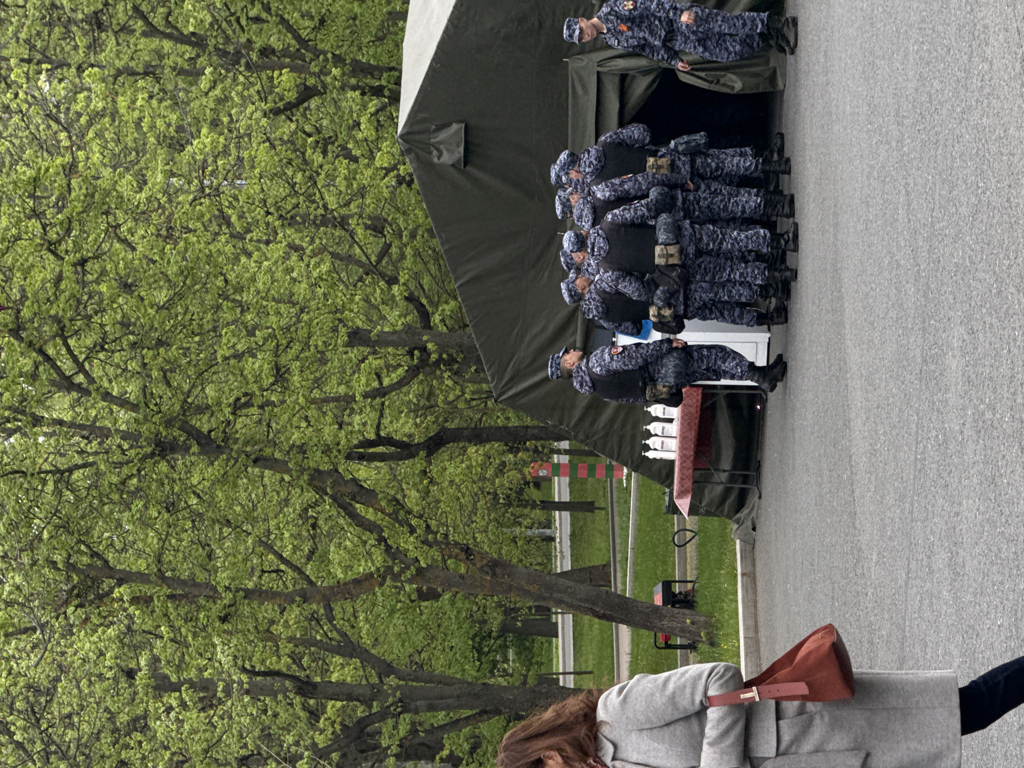 Moscow park scenes: uniformed group, squirrel spotted May 9