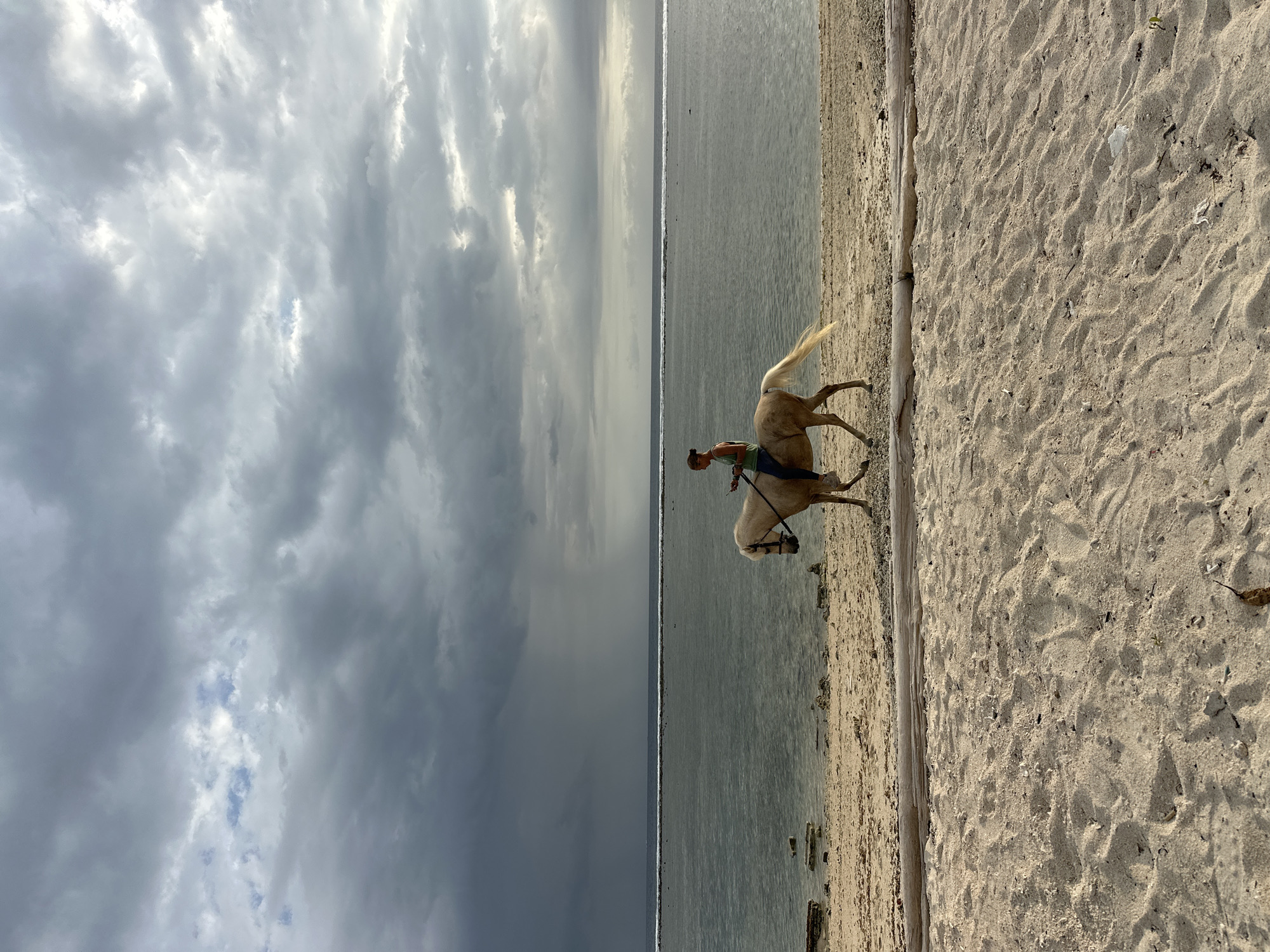 Horse rider enjoys beach outing under cloudy Indonesian skies