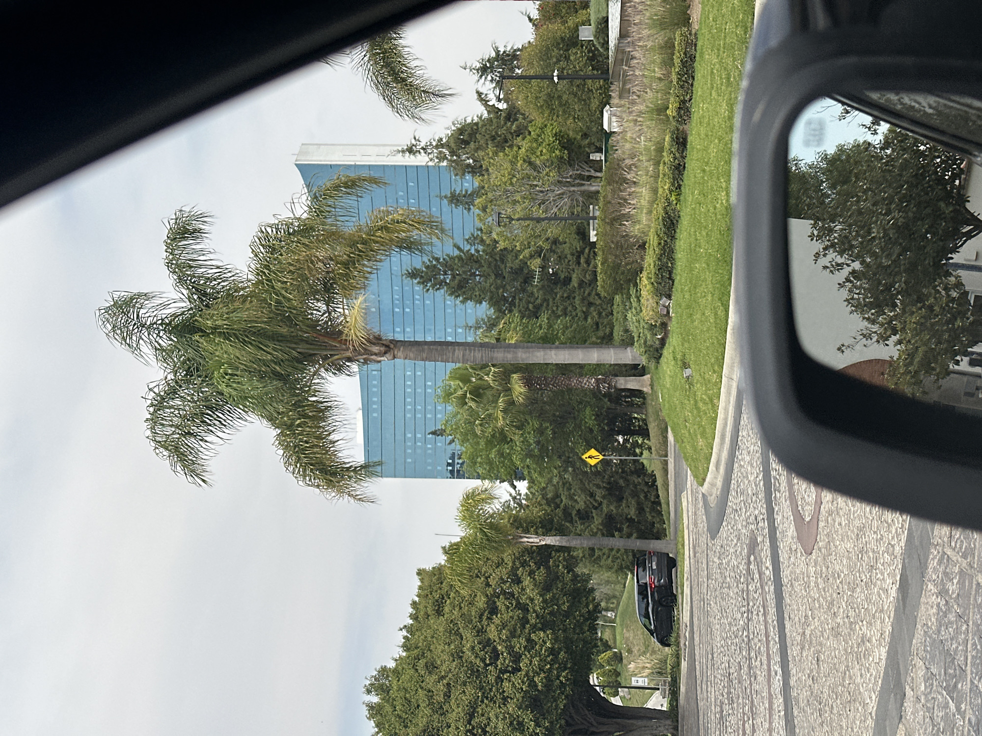 Modern blue office building observed from car in Tlaxcalancingo