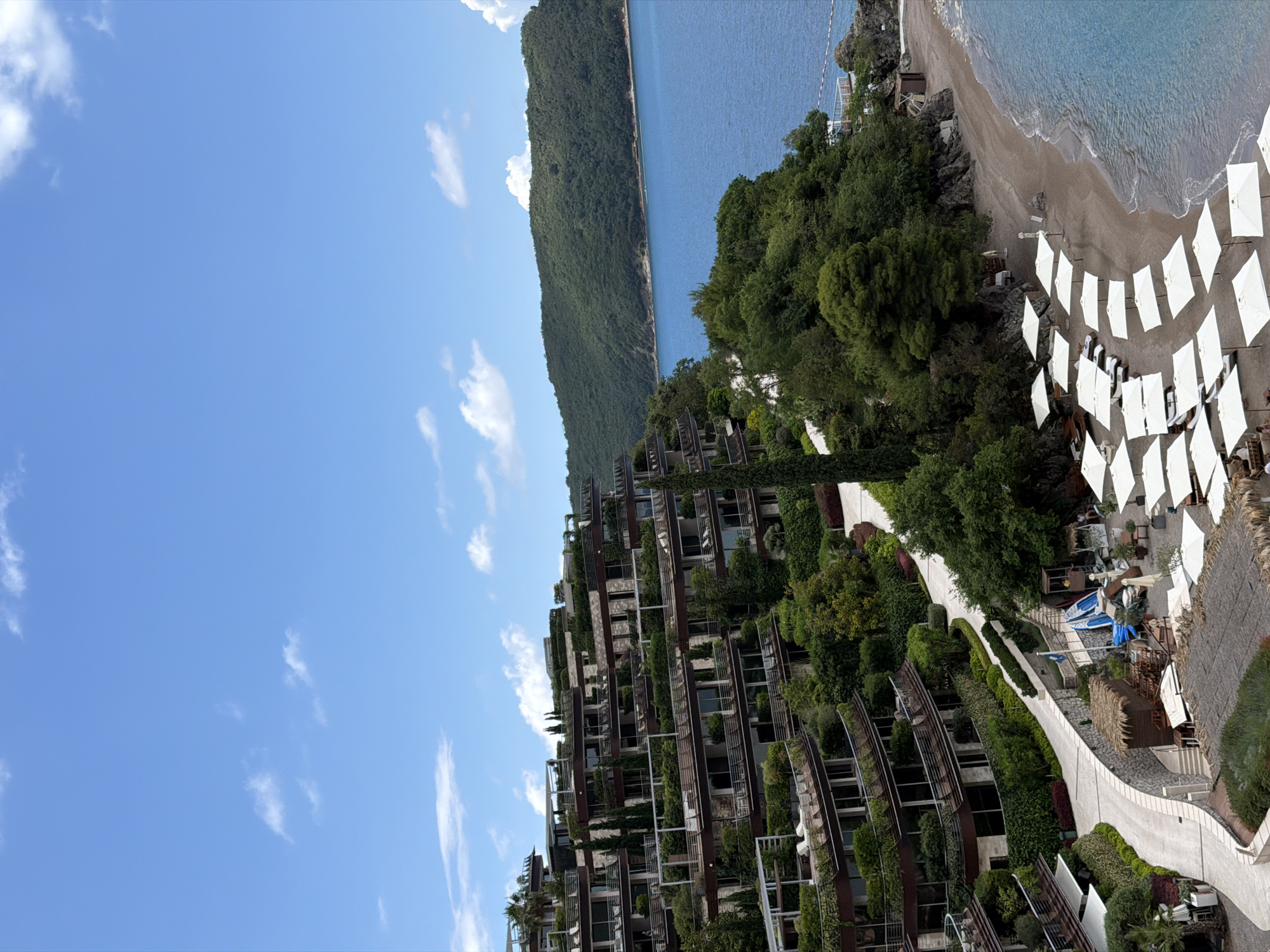 Paragliders soar over Montenegro coastal resort during morning hours