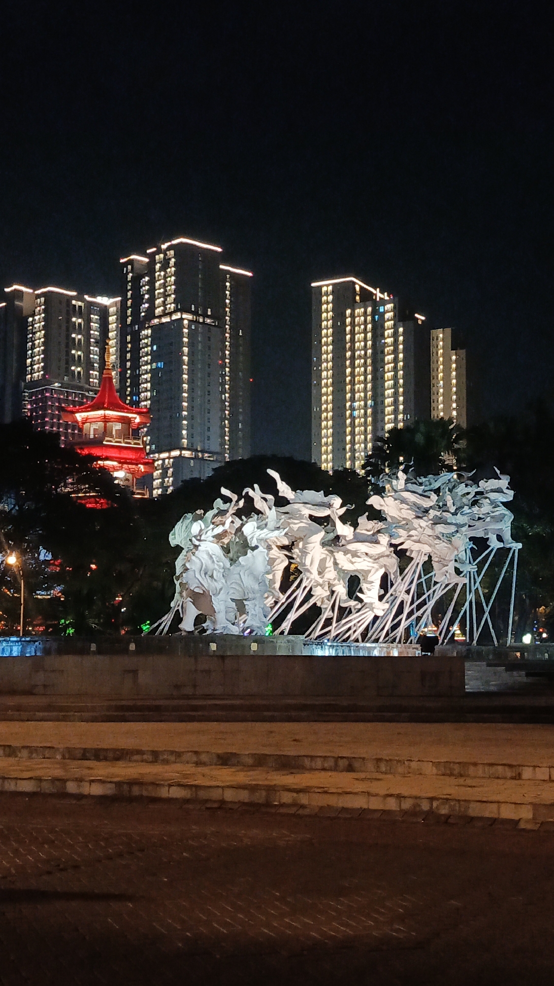 Illuminated sculpture photographed at night in Surabaya, Indonesia