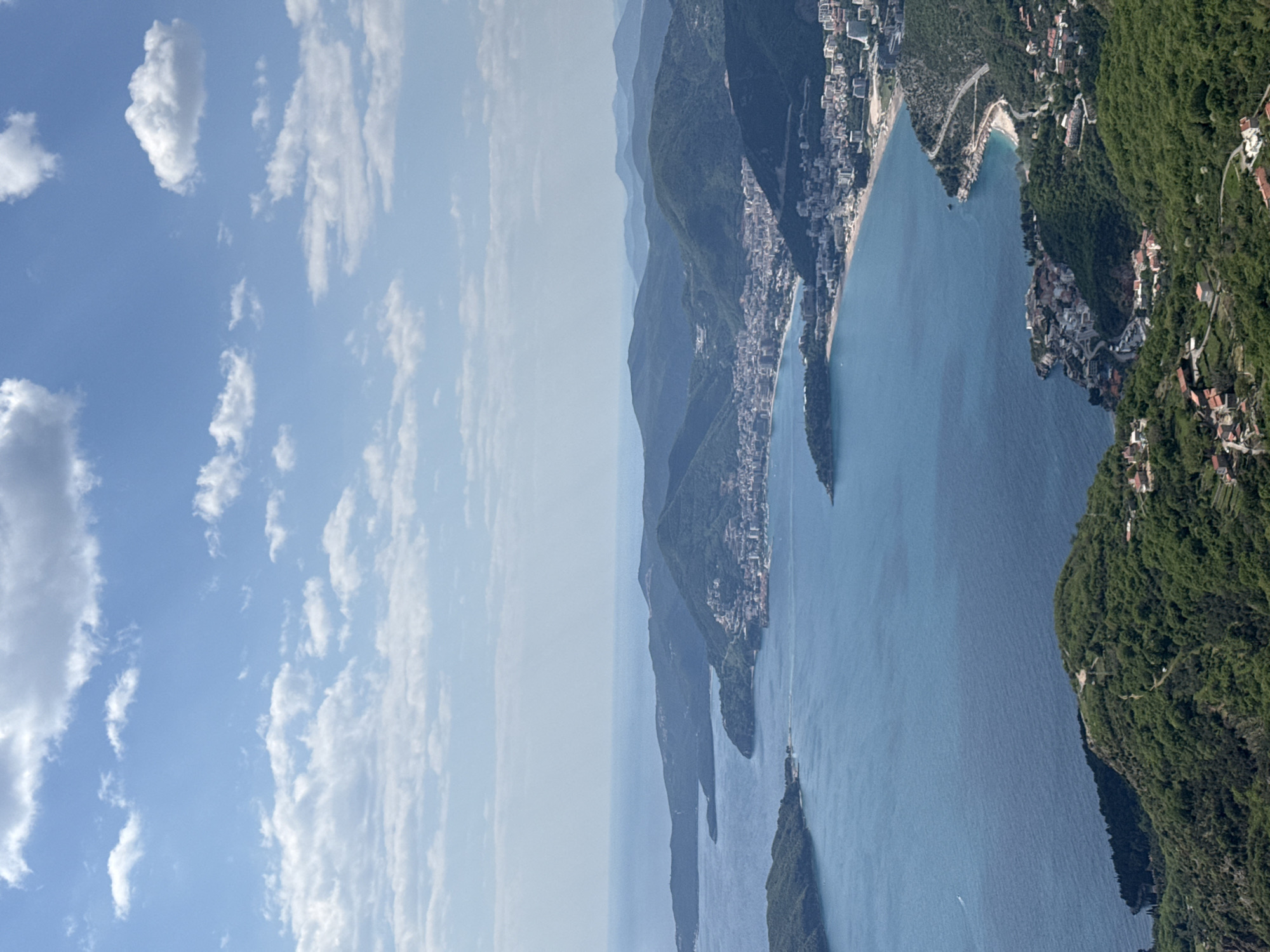 Coastal mountains with vegetation and residential buildings observed