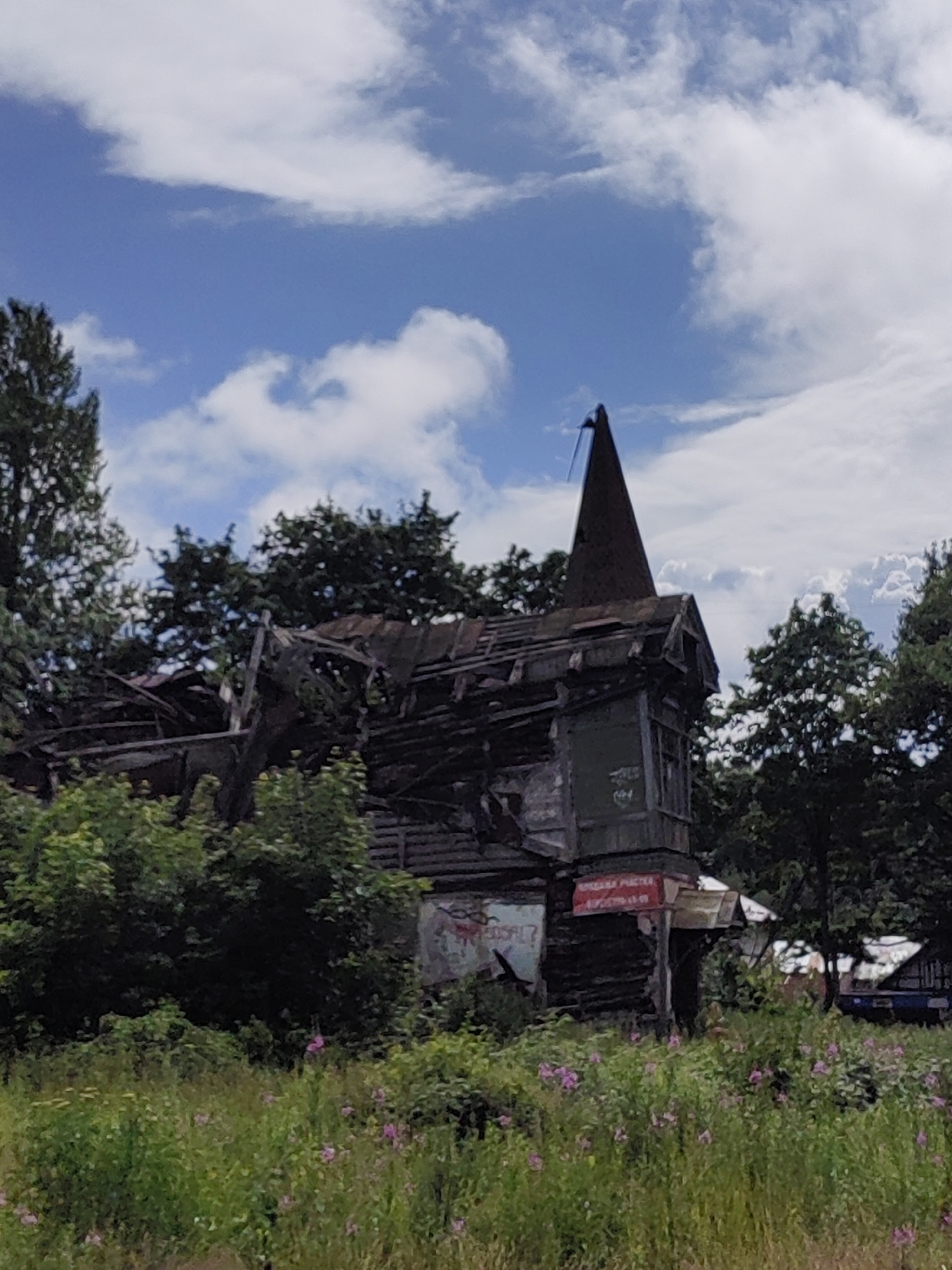 Decaying wooden buildings and summer nature on Saint Petersburg's edge