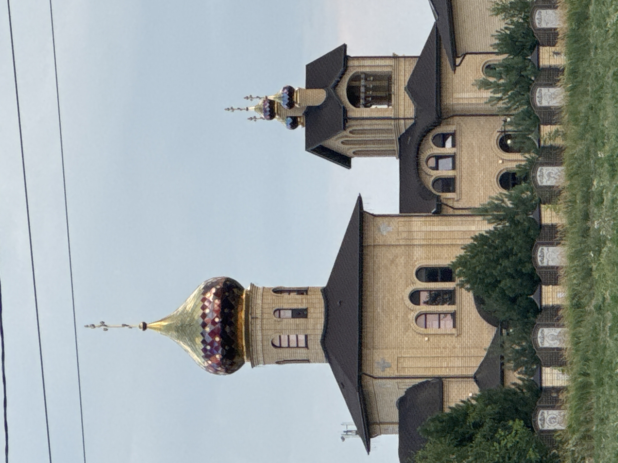 Dog walk, church domes, garden flowers, and a power-line sunset