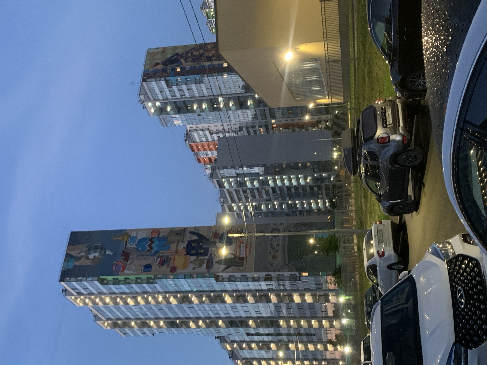 Giant murals cover apartment blocks in Saint Petersburg at dusk