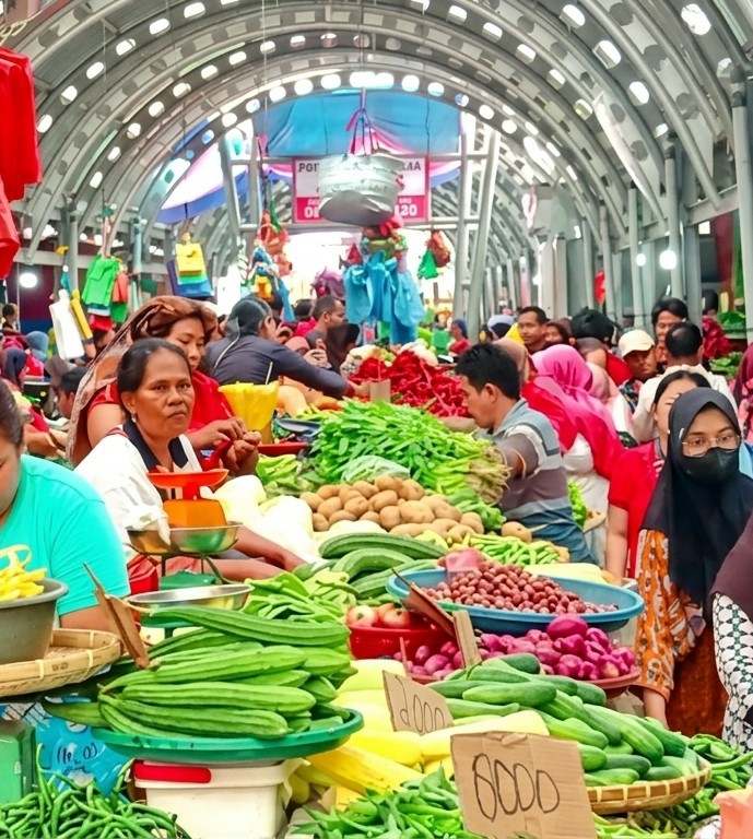 Morning market bustles with vendors and customers in Medan
