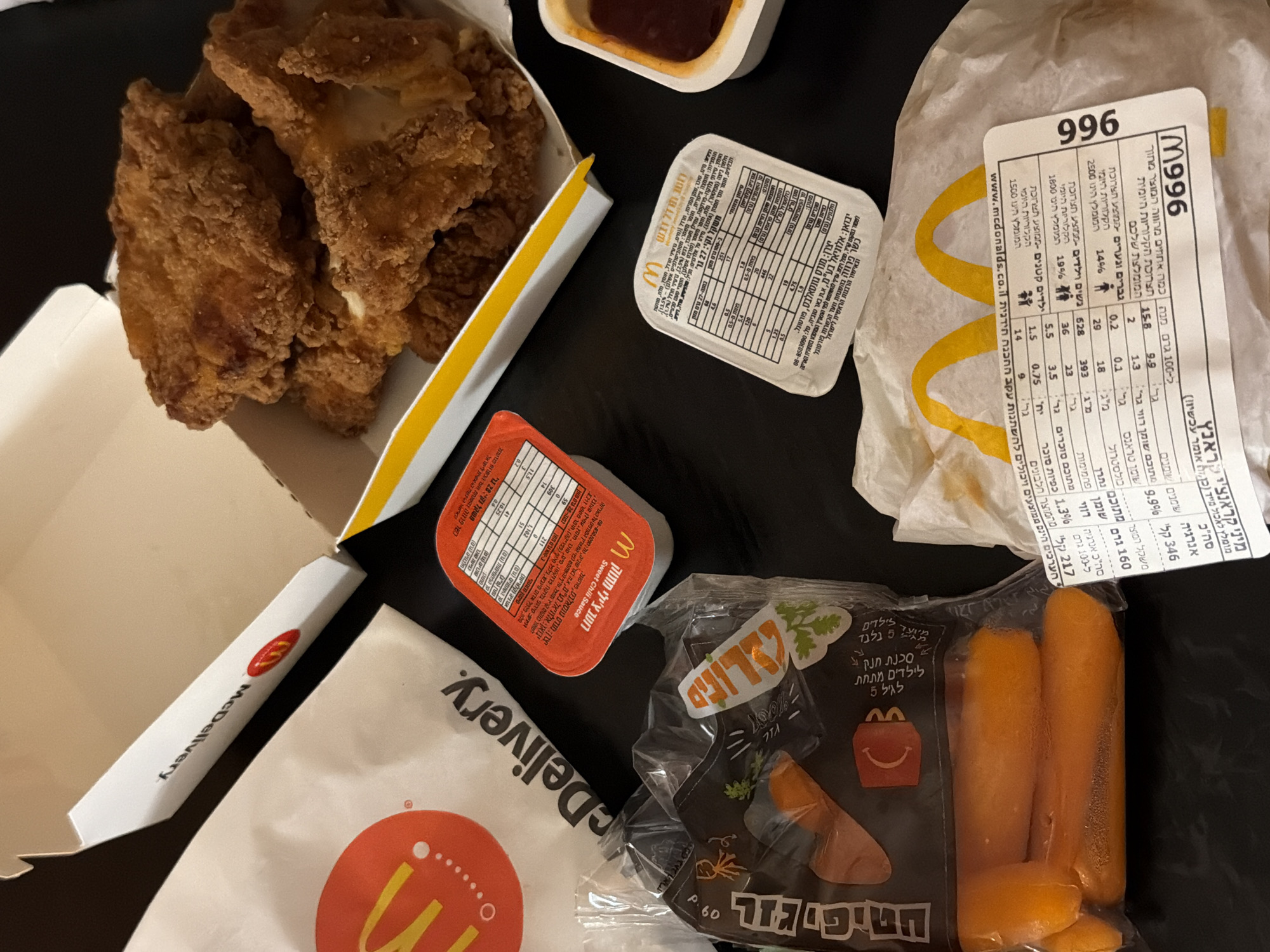 McDonald's takeout meal documented in Tel-Aviv indoor setting