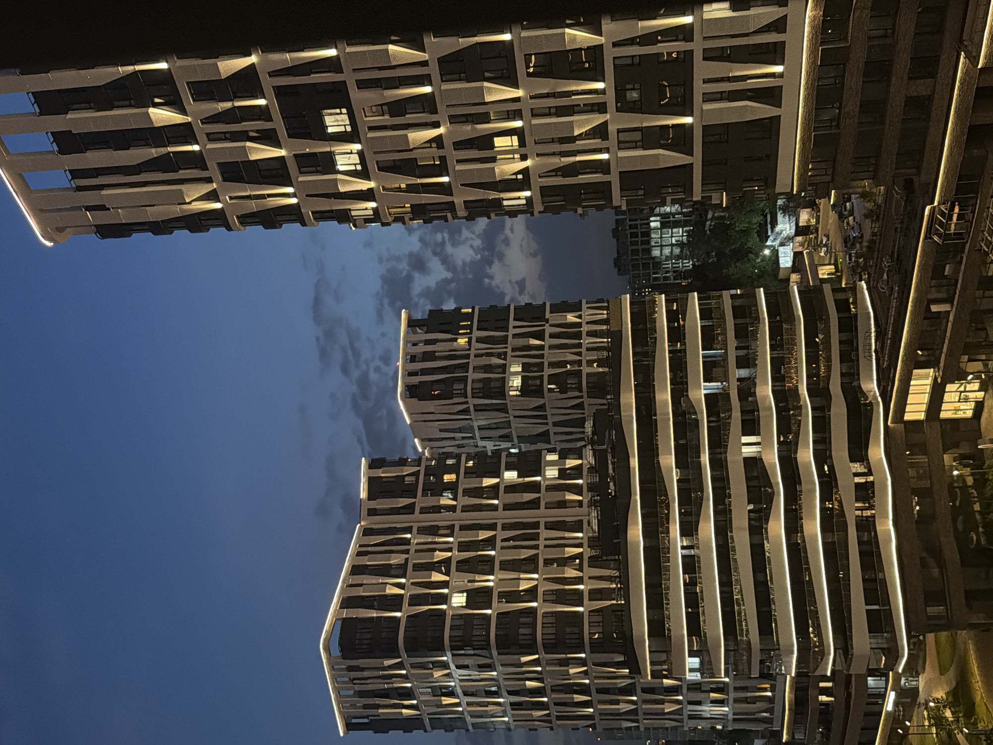 Moscow residential complex illuminated during evening twilight hours