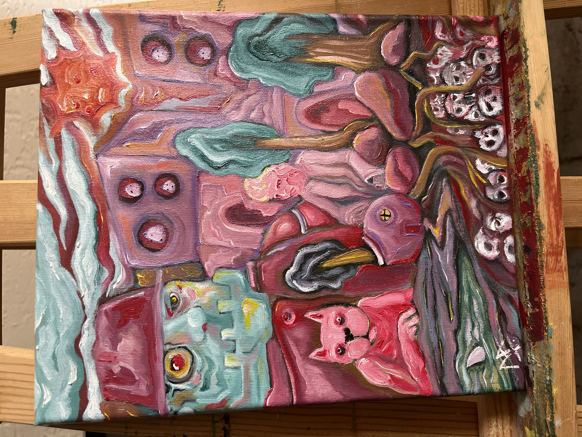 Abstract art and potted plants observed at same location