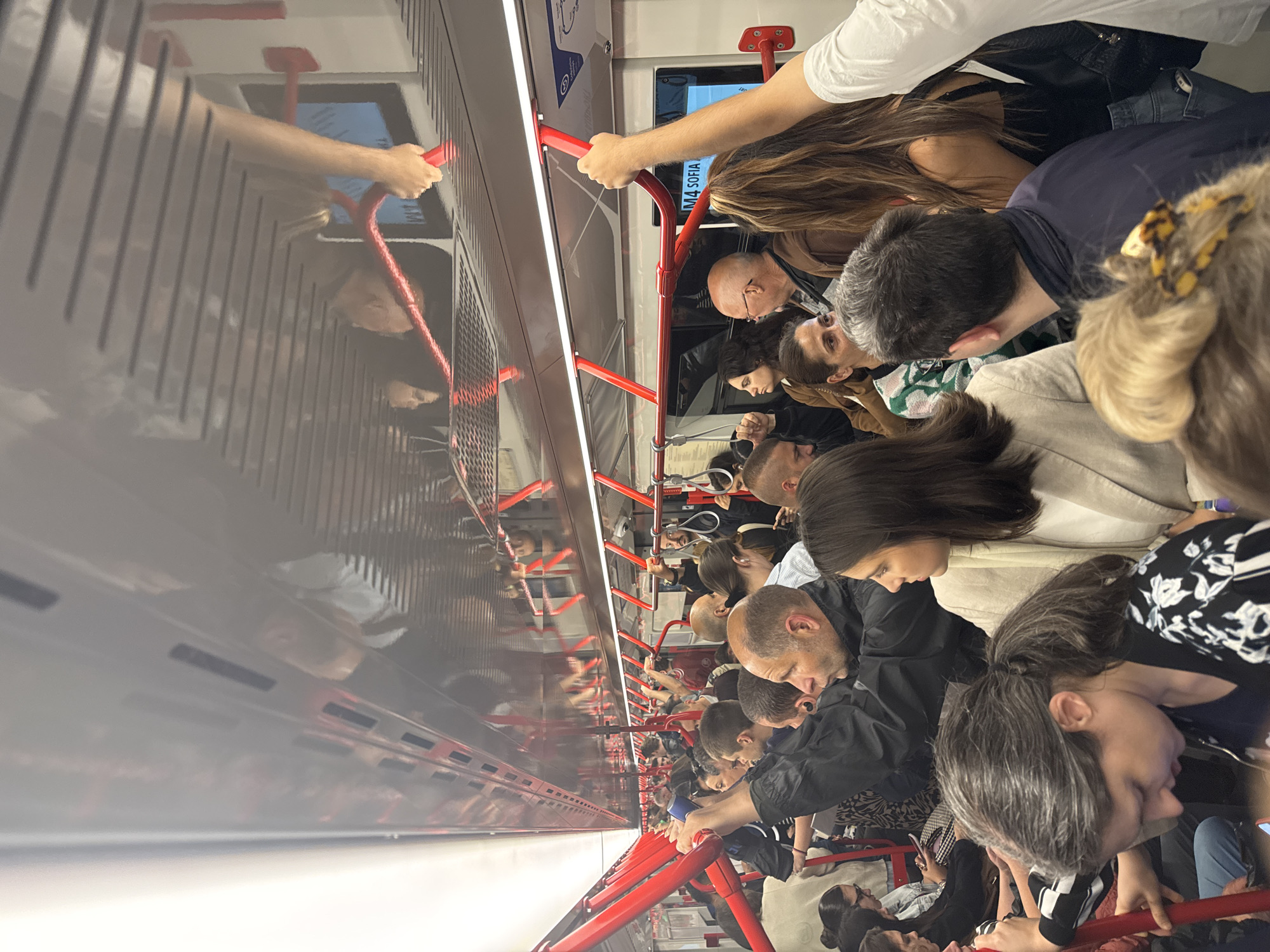 Morning rush hour crowds pack Sofia metro train