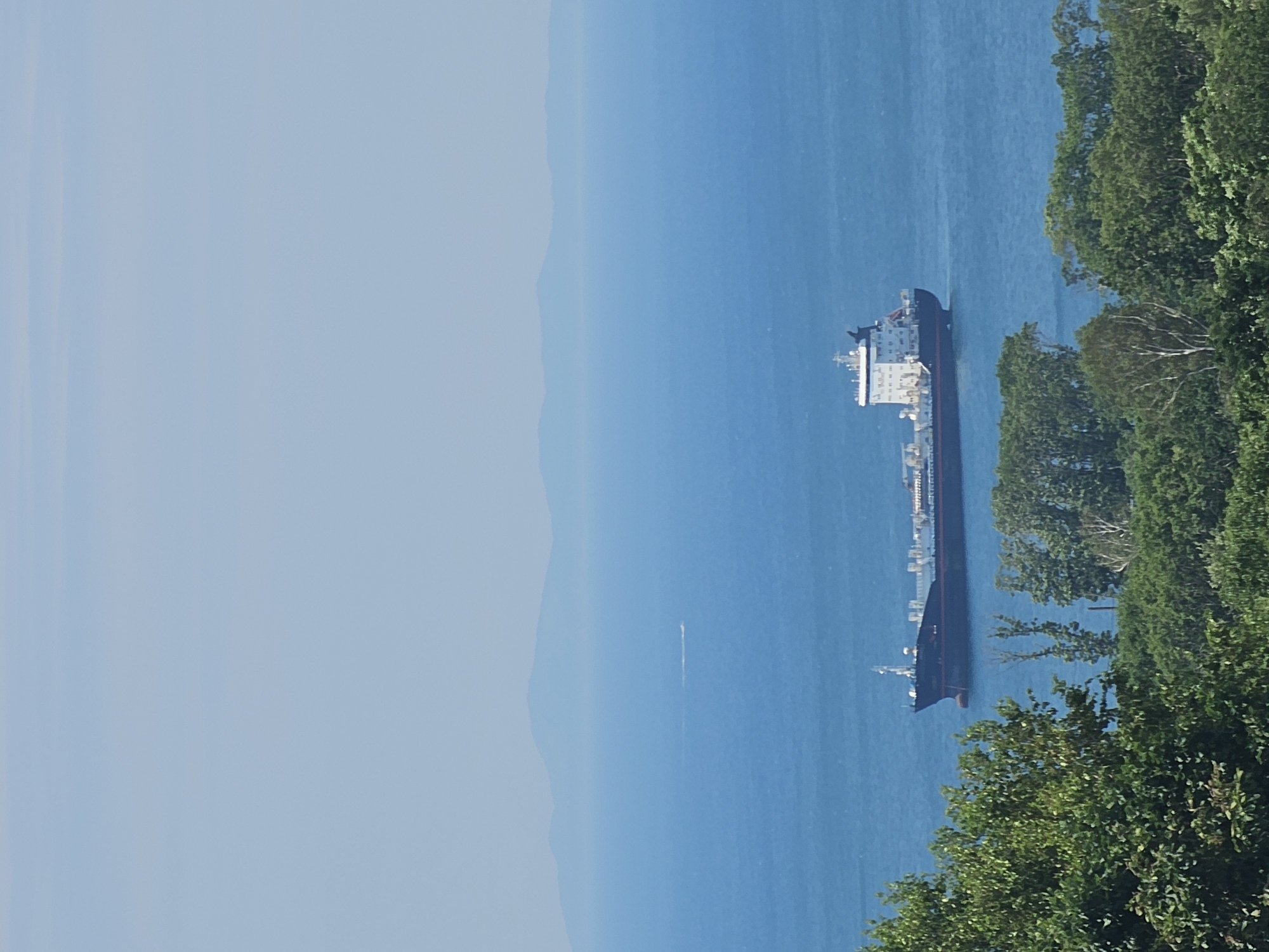 Tanker crossing Nakhodka Bay, viewed from forested coastal overlook