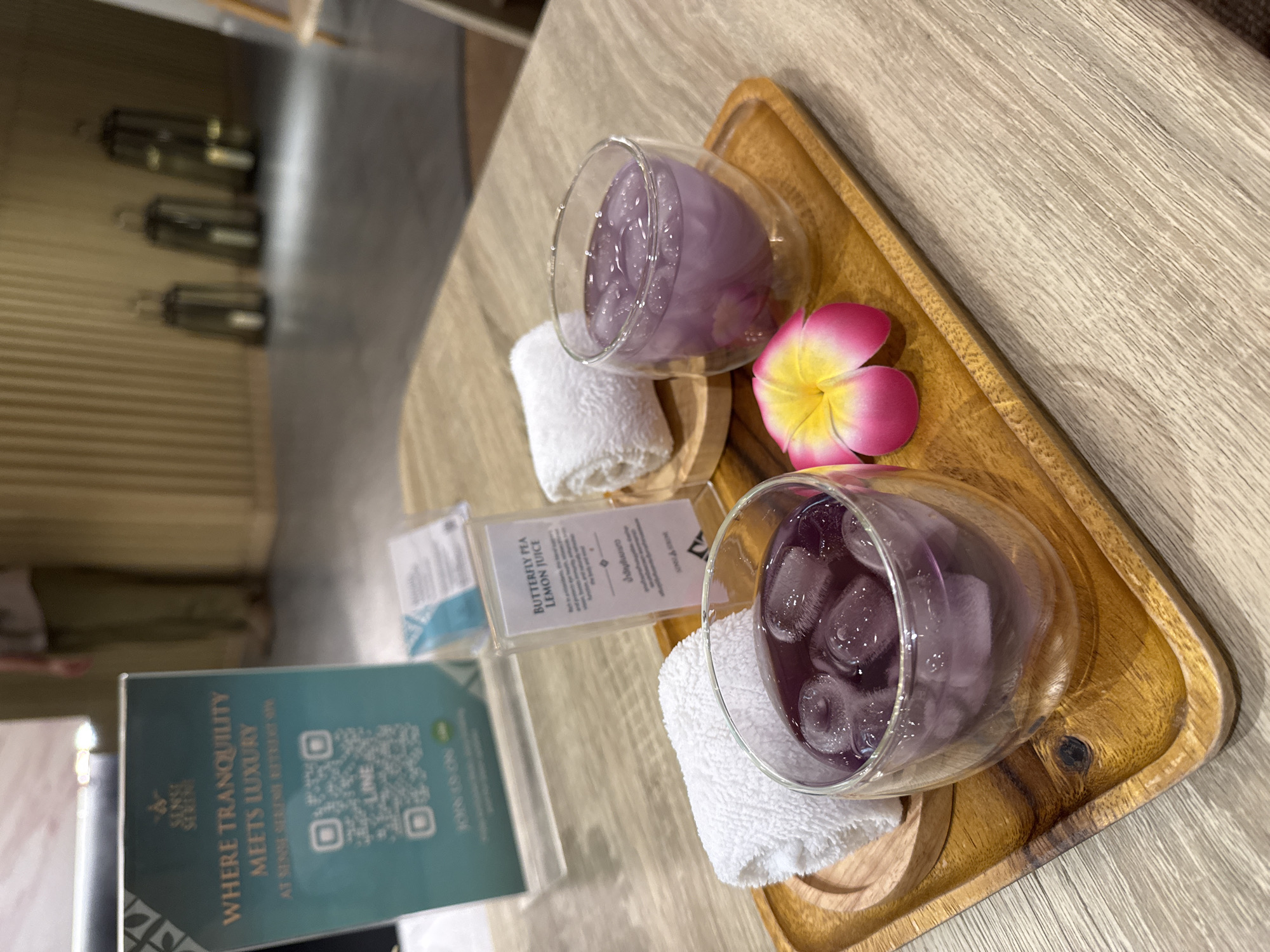 Purple beverages served at Bangkok spa during afternoon service