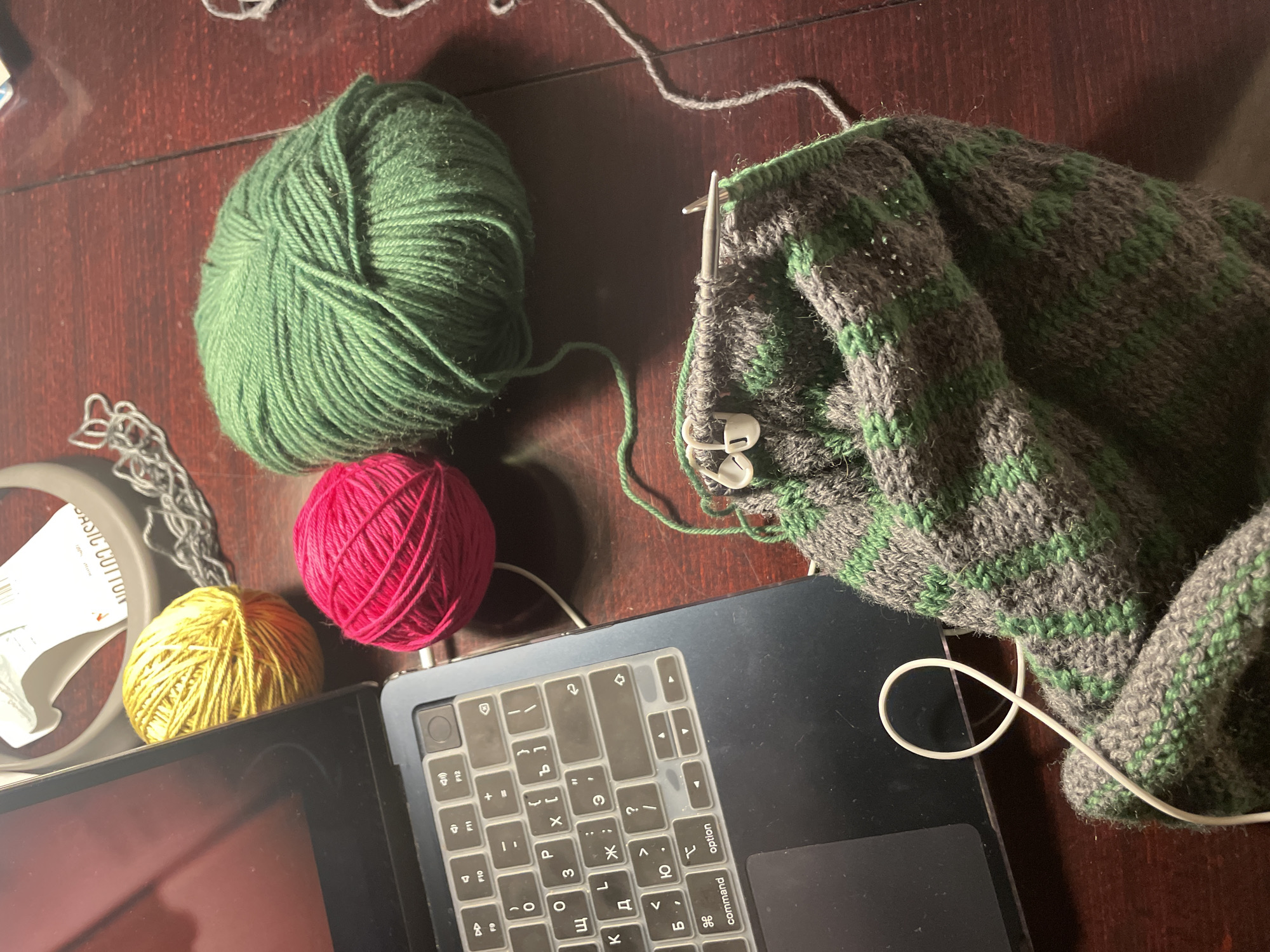 Knitting project in progress captured on Belgrade table