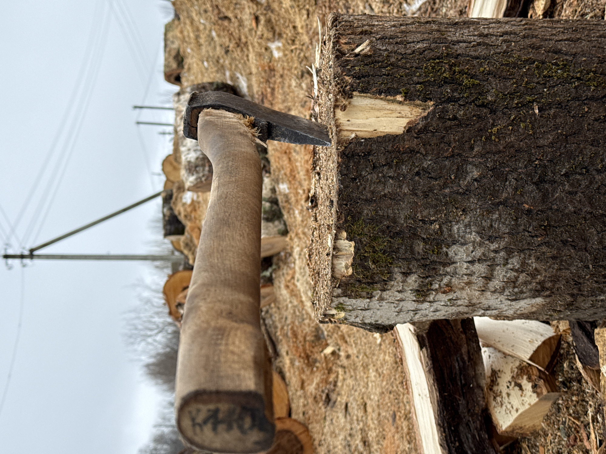 Morning wood splitting activity documented in rural Russia