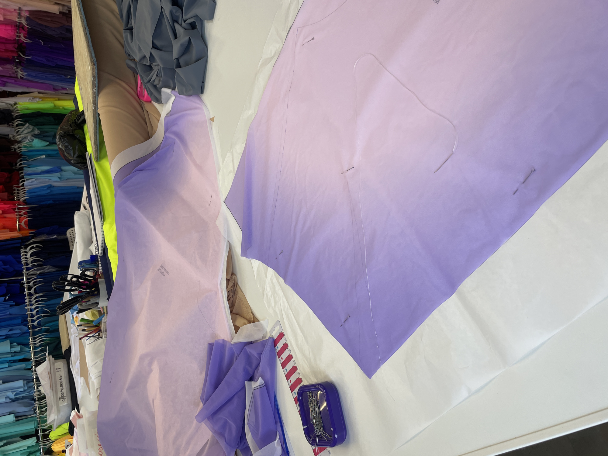 Fabric cutting and prep work in a textile studio