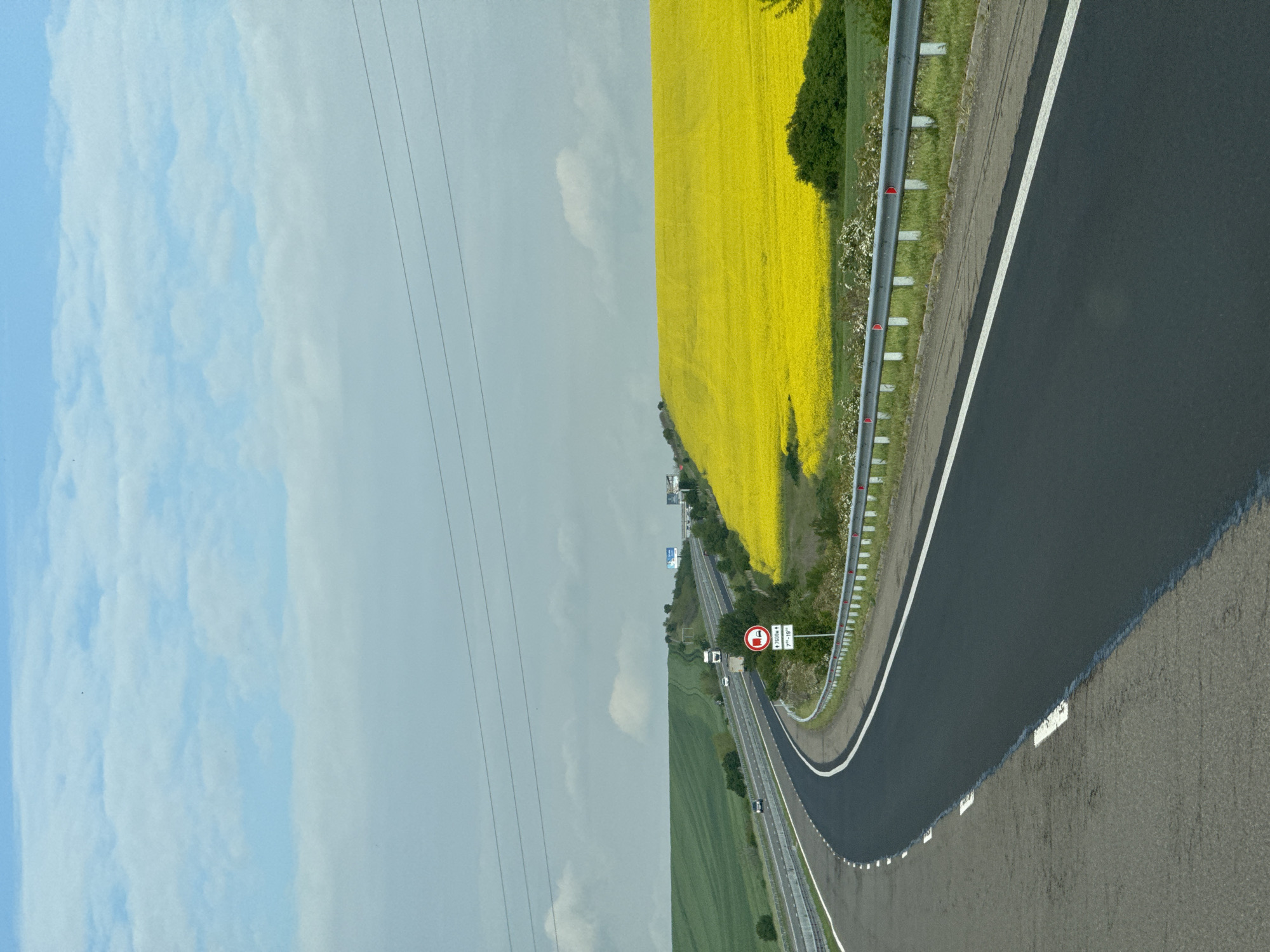 Silver car travels highway past yellow flowers near Troyanovo