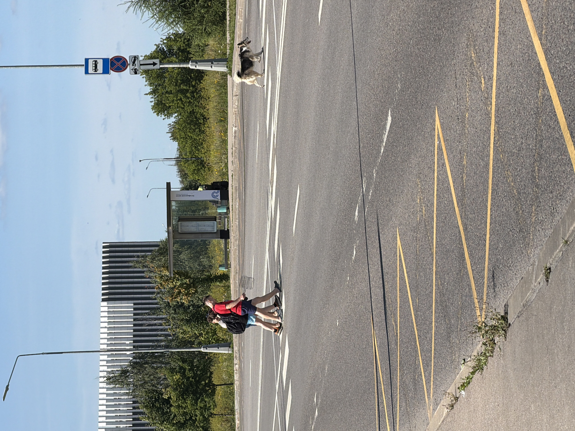 Busy city streets: trucks, roller skiers, pedestrians, and motorcycles